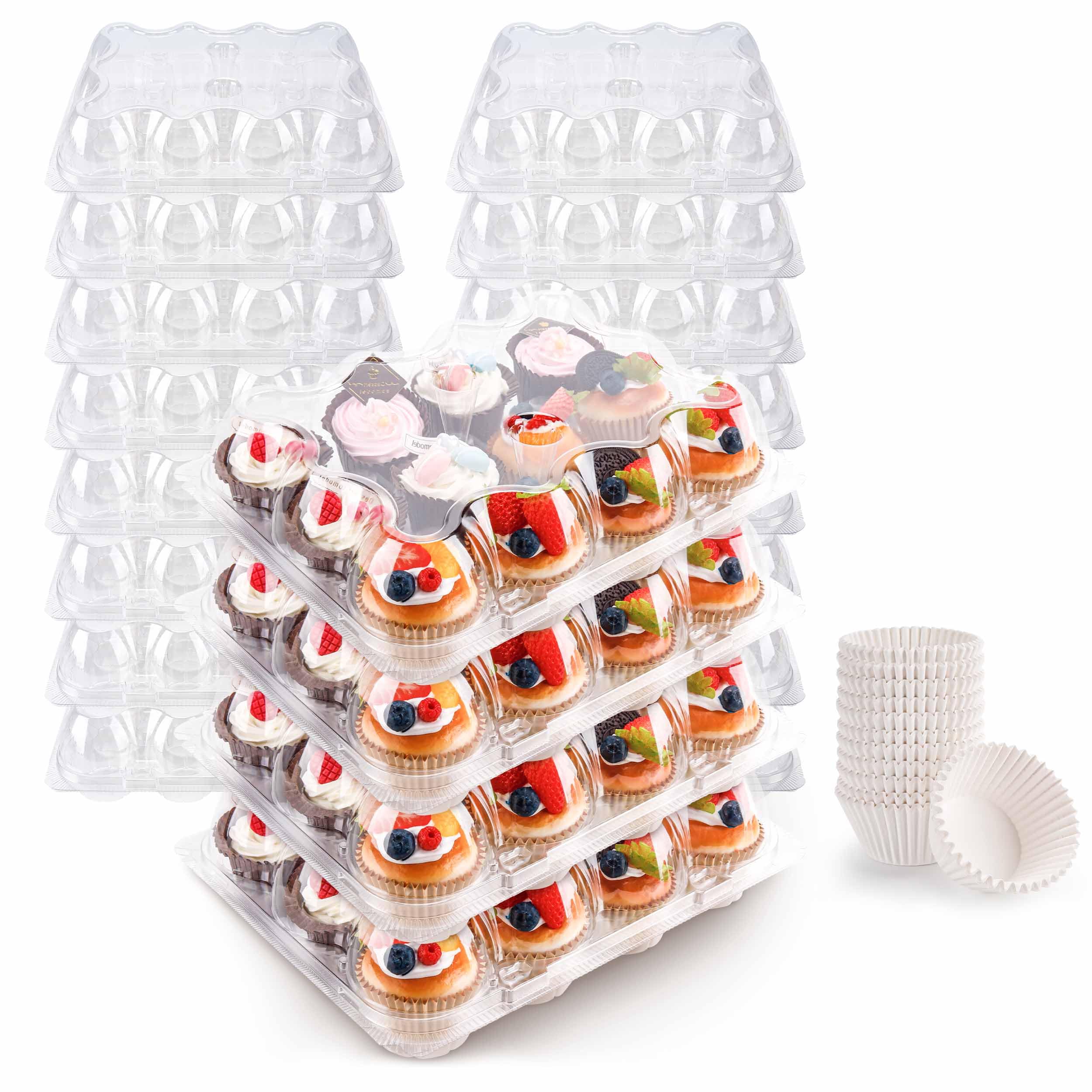 12 Count Cupcake Containers 12 Pack Cupcake Holders Plastic Stackable Cupcake Boxes with Detachable Tall Dome Lids and 144 Liners for 144 Cupcakes, BPA Free, Standard Size