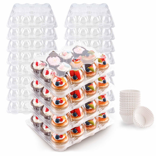 12 Count Cupcake Containers 12 Pack Cupcake Holders Plastic Stackable Cupcake Boxes with Detachable Tall Dome Lids and 144 Liners for 144 Cupcakes, BPA Free, Standard Size