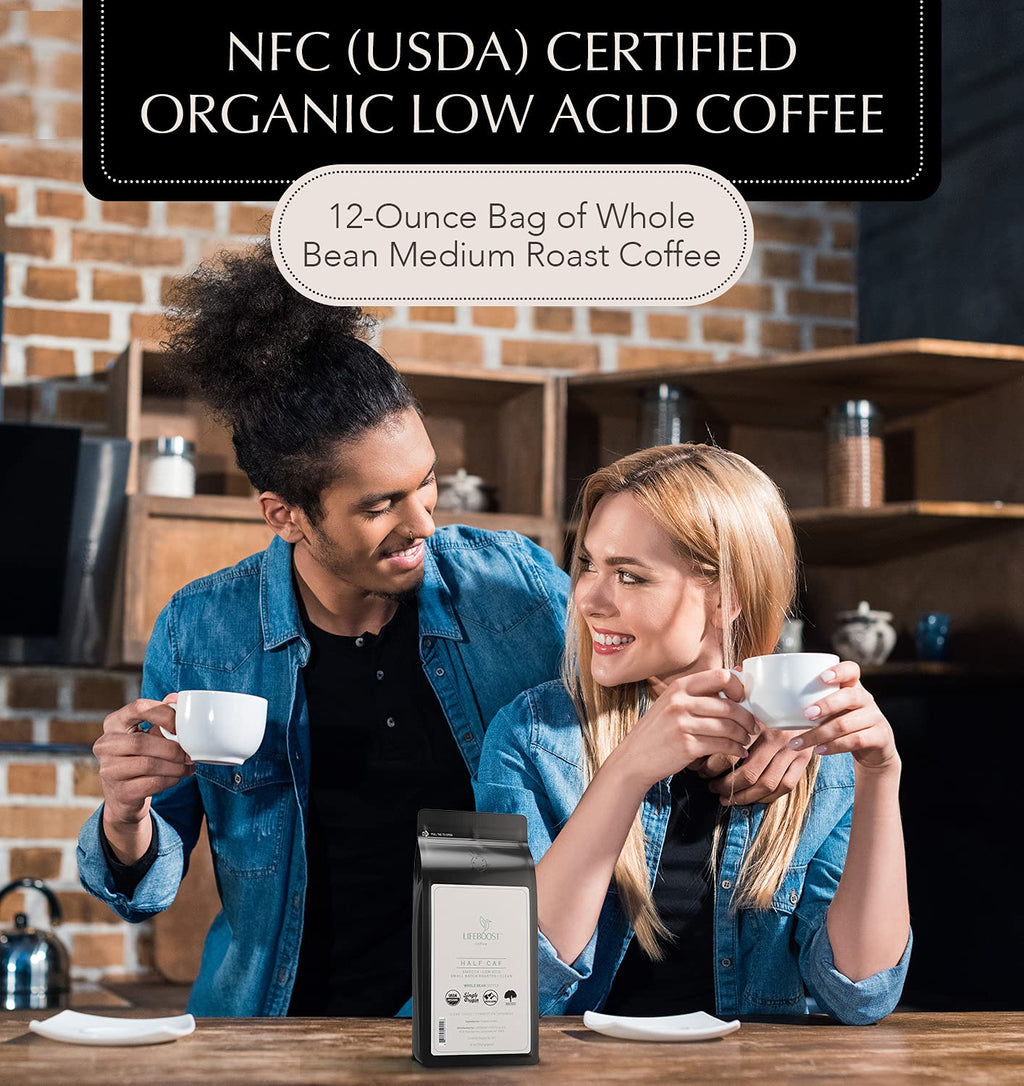 Lifeboost Half Caff Medium Roast Whole Bean Coffee - Low Acid Organic Coffee, Non-GMO, USDA Organic, Single Origin, Third-Party Tested for Mycotoxins & Pesticides - 12 oz Bag
