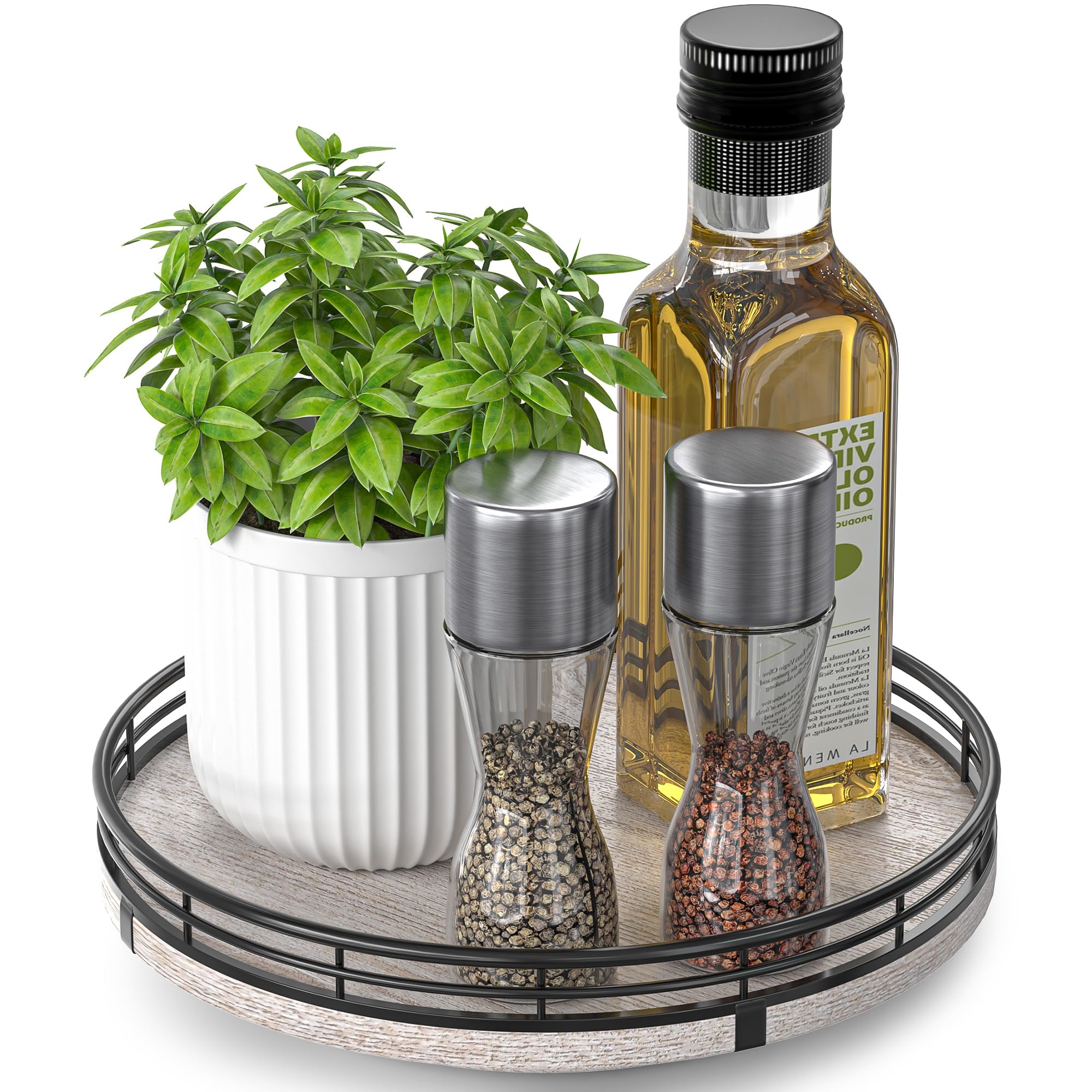 Farmhouse Oak 9" Lazy Susan Turntable Organizer for Cabinet, Round Wooden Lazy Susan Organization and Storage for Dining Table, Pantry, Kitchen, Countertop, Cupboard,Home Decor, Walnut Wood