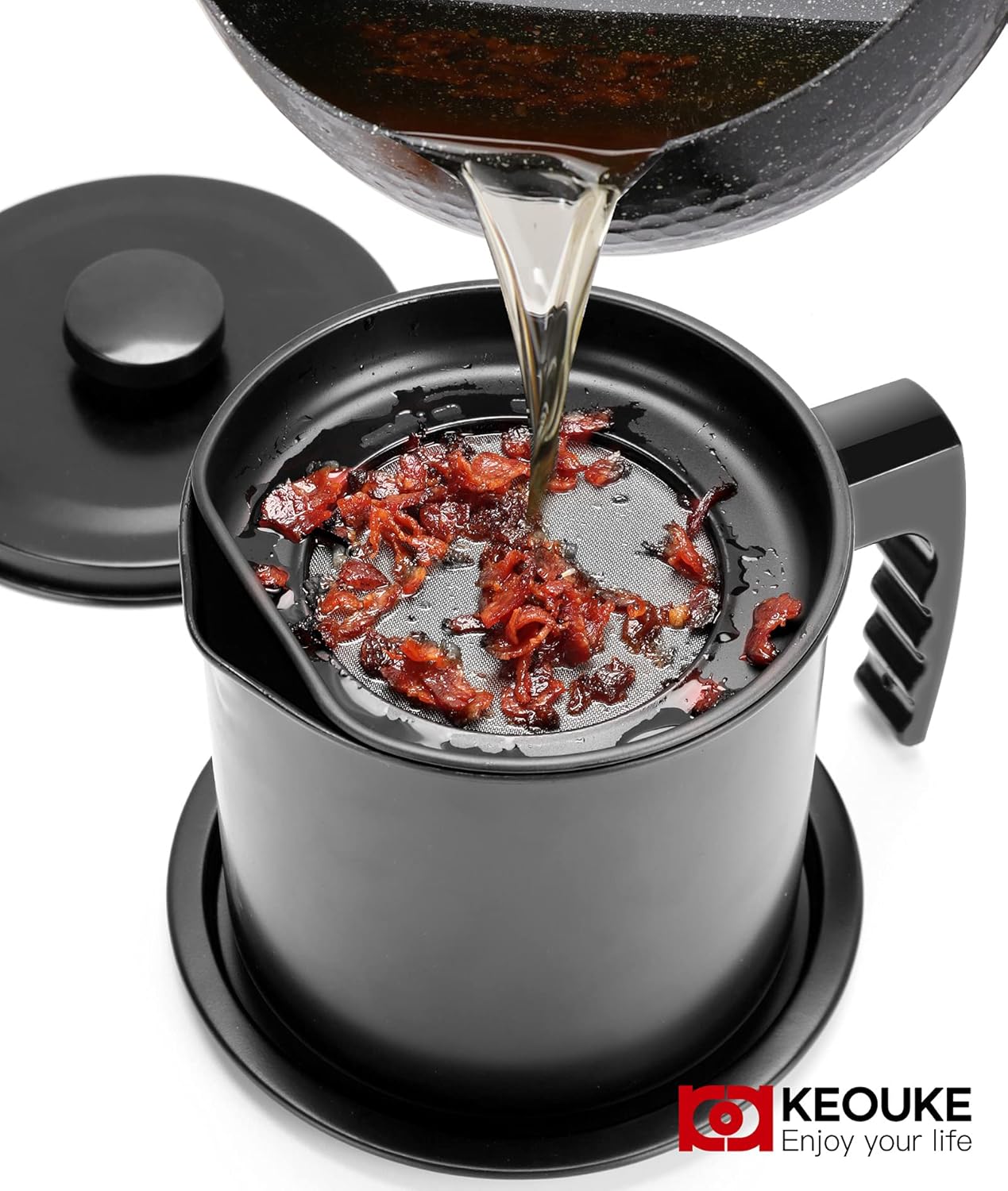 KEOUKE Bacon Grease Container with Strainer - 1.3L / 5.2 Cups Oil Storage Holder Can for Cooking, Frying with Replaceable Cleaning Brush