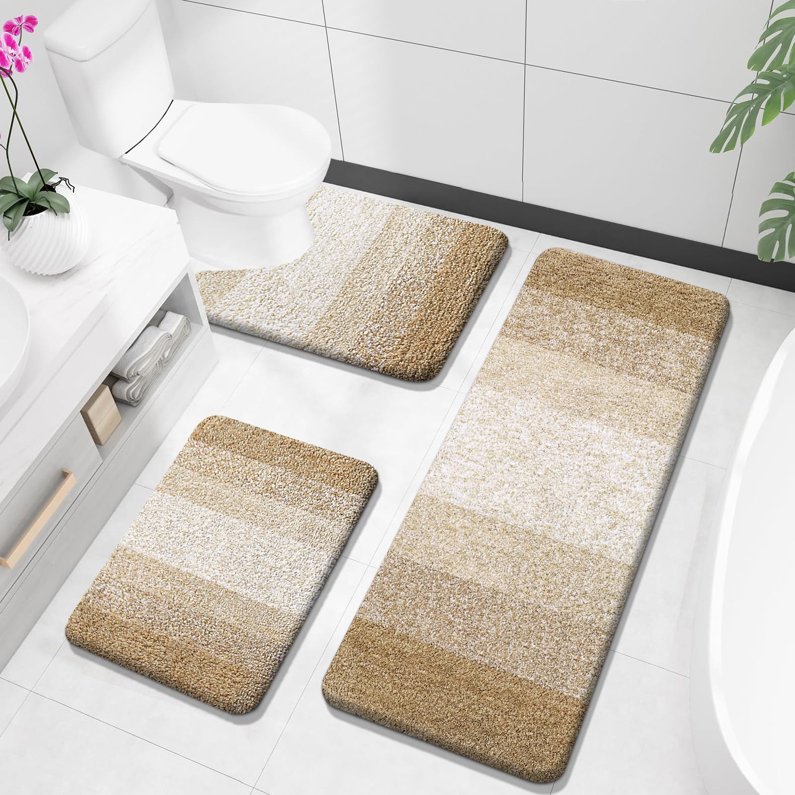 OLANLY Bathroom Rugs Sets 3 Piece, Soft Absorbent Microfiber Bath Mats and U-Shaped Contour Toilet Rug, Machine Wash Dry, Plush Shaggy Bath Mat Set for Bathroom (30"x20"+24"x16"+24"x20", Grey)