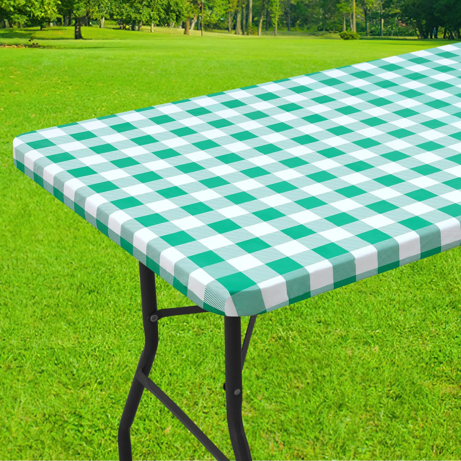 Smiry Rectangle Picnic Table Cloth, Elastic Waterproof Fitted Vinyl Tablecloths, Flannel Backed Buffalo Plaid Table Covers for Dining, Camping, Outdoor (Black and White, 30" x 72")
