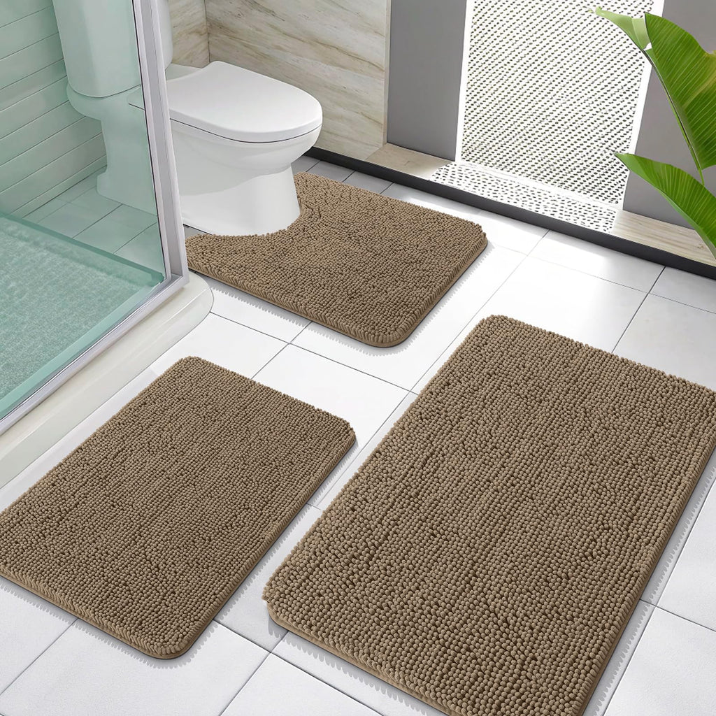 OLANLY Bathroom Rugs Sets 3 Piece, Soft Absorbent Chenille Bath Mats and U-Shaped Contour Toilet Rug, Quick Dry, Home Decor Accessories, Bath Mat Set for Bathroom (30"x20"+24"x16"+24"x20", Grey)