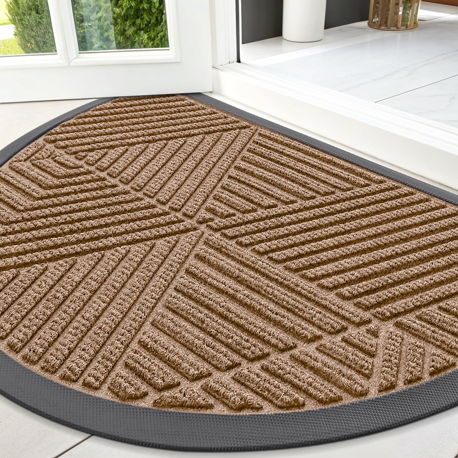 Smiry Front Door Mat Outside Entrance, Heavy Duty Sturdy Natural Rubber Doormat, Trap Dirt and Moisture, Easy Clean Low Profile Mats for Indoor Outdoor Entry, Irregular Triangle (29.5x17, Black)
