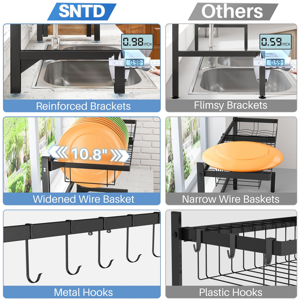 SNTD Over The Sink Dish Drying Rack - Adjustable Dish Rack for Kitchen Counter, Metal (Black)