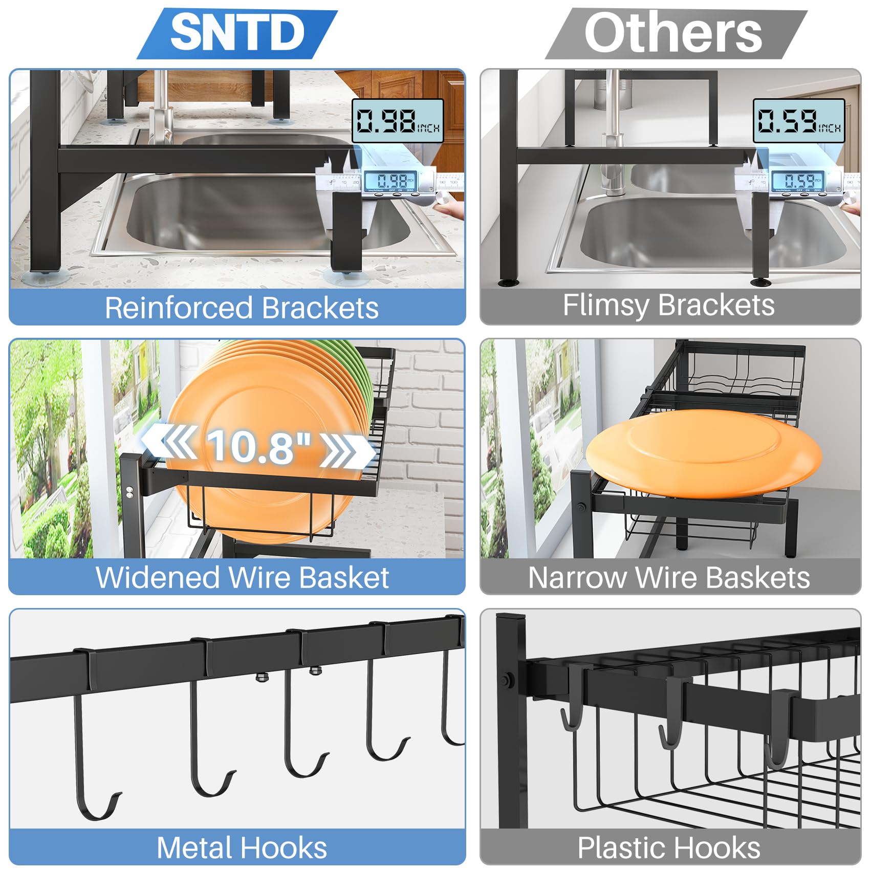 SNTD Over The Sink Dish Drying Rack - Adjustable Dish Rack for Kitchen Counter, Metal (Black)