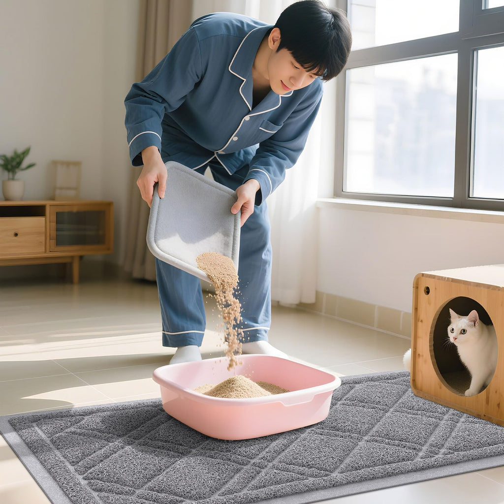Smiry Cat Litter Box Mat 30x17, Non-Slip Water Resistant Litter Trapping Mat, Easy Clean Less Waste and Urine-Locking Cat Carpet for Indoor, Grey