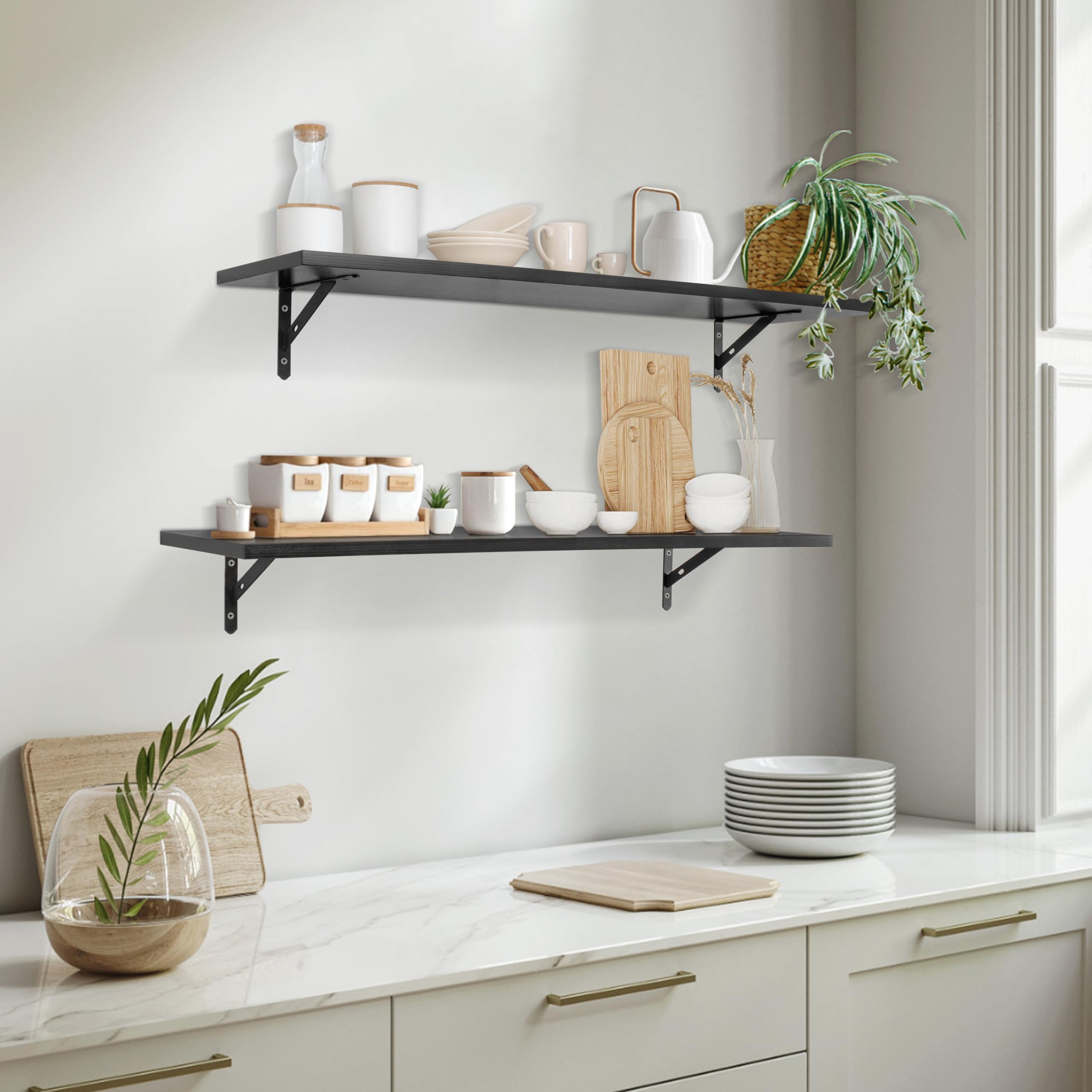 RedCall Floating Shelves for Wall,31.5 Inch Wall Mounted Shelves Set of 2,Long Board Shelves for Bedroom,Living Room, Bathroom & Kitchen Storage with Metal Brackets (Black)