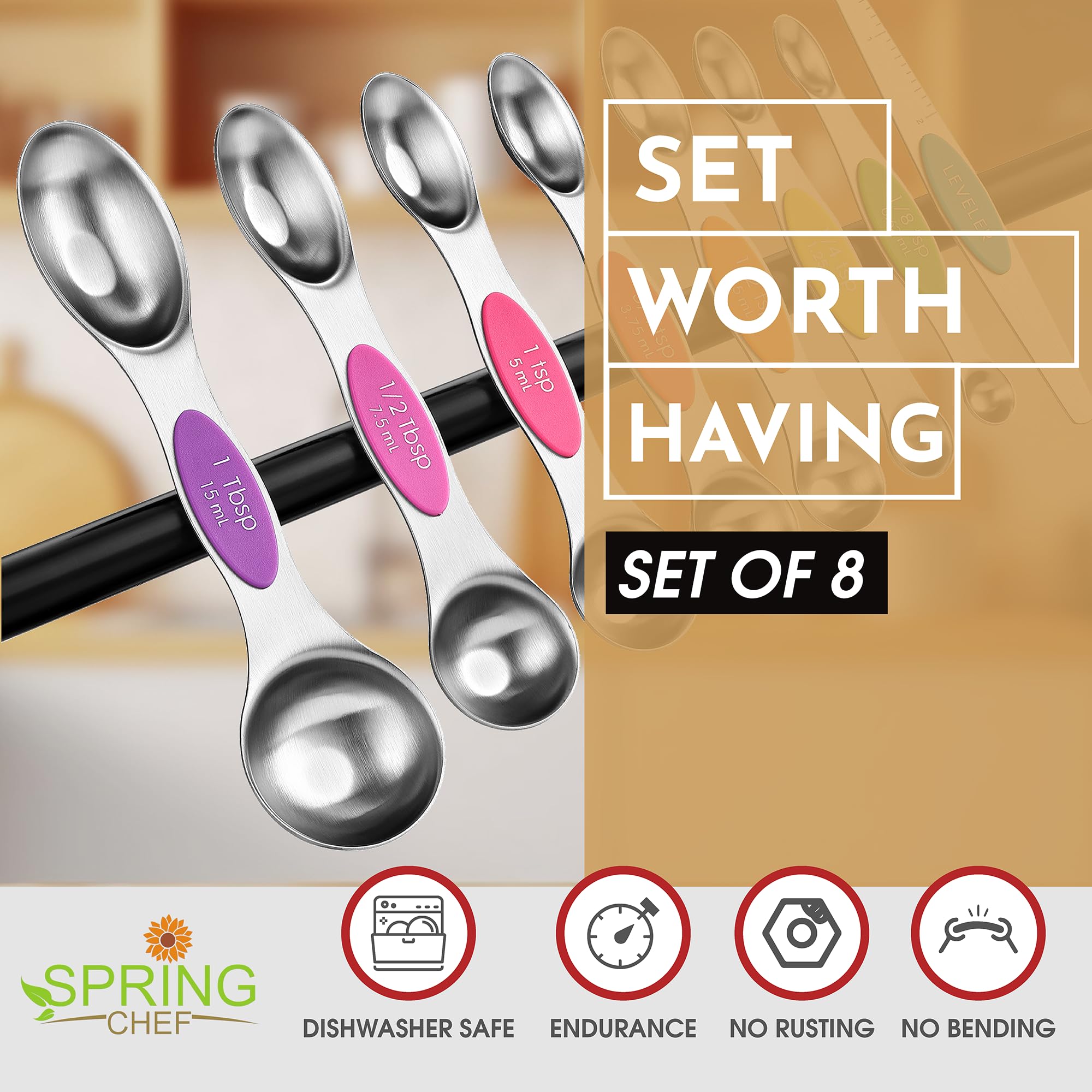 Spring Chef Stainless Steel Magnetic Measuring Spoons Set with Strong N45 Magnets, Heavy Duty Metal Kitchen Gadgets for Baking & Cooking, Fits in Most Kitchen Spice Jars, Set of 8 with Leveler, Black