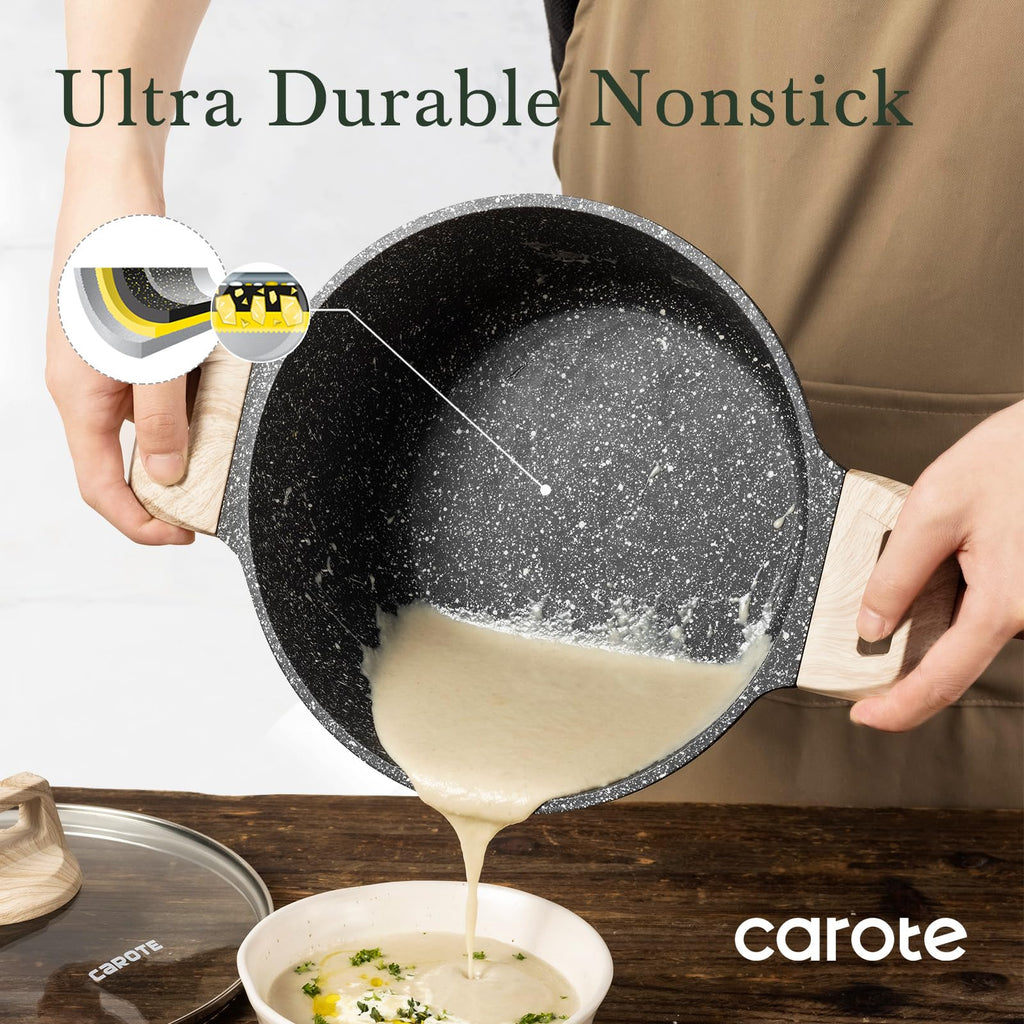 CAROTE 6 Qt Nonstick Stock Pot with Lid Soup Pot, 6 Quart Casserole with Lid, Easy to Clean Non Stick Cooking Pot Cookware PFOA Free, White Granite