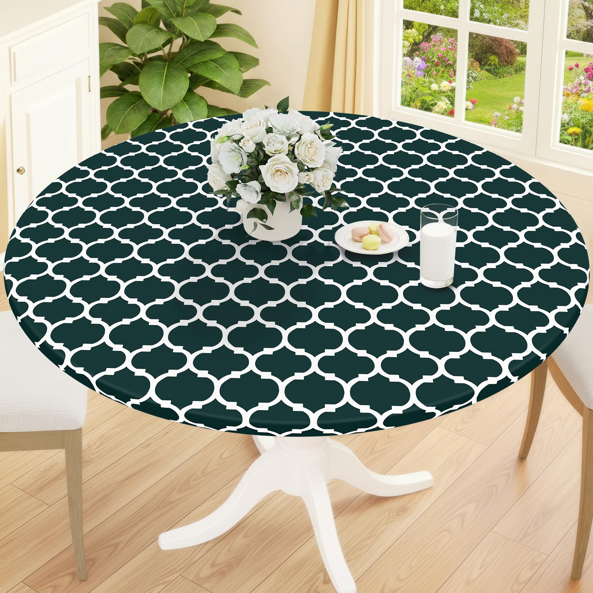 Smiry Round Picnic Tablecloth, Waterproof Elastic Fitted Table Covers for 45" - 56" Tables, Wipeable Flannel Backed Vinyl Tablecloths for Camping, Indoor, Outdoor, Grey & White