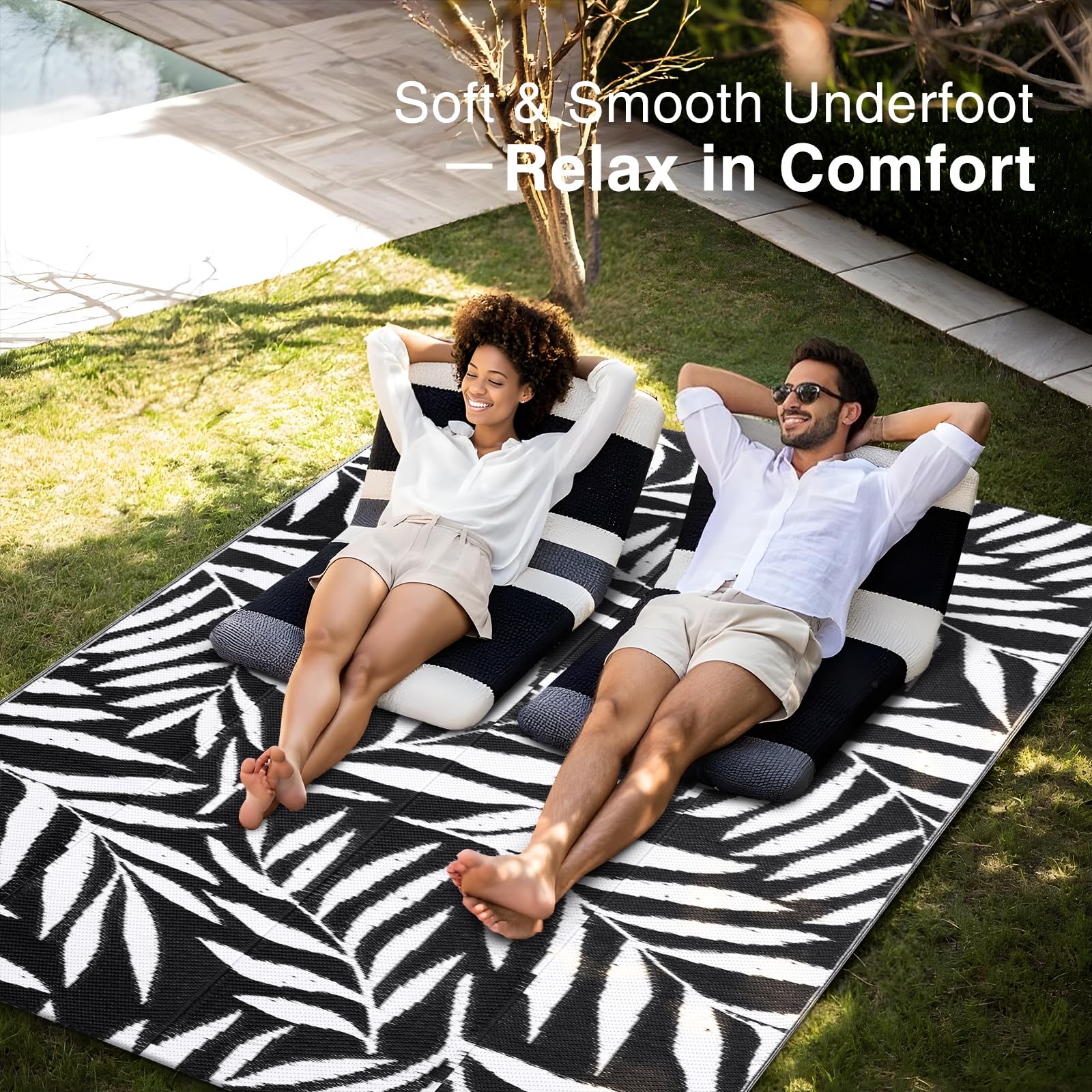 OLANLY Waterproof Outdoor Rug 5x8 ft, Reversible Outdoor Plastic Straw Rug with Leaf Pattern, RV Mat, Indoor Outdoor Carpet for Patio, Camping, Balcony, Deck, Backyard, Grey & White