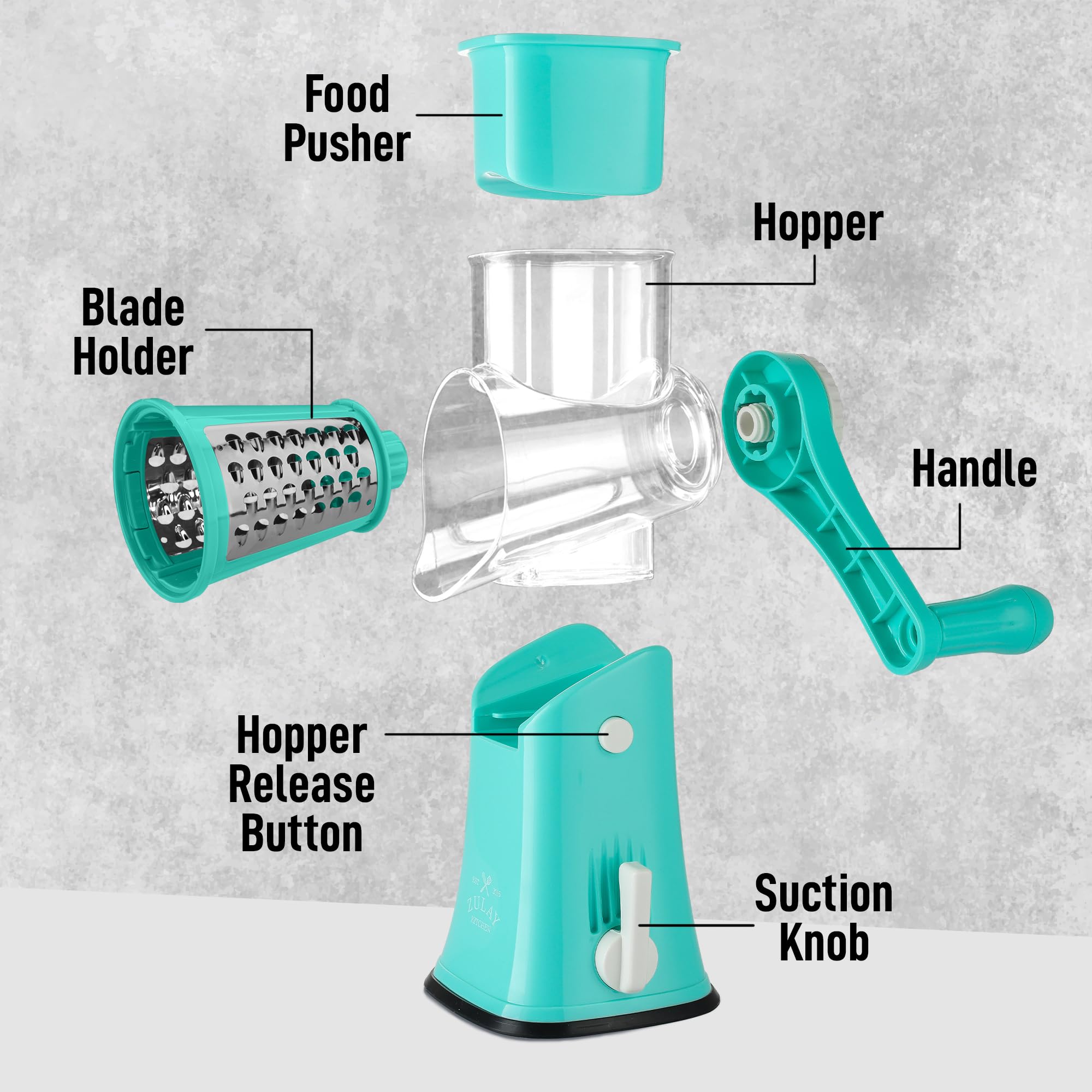 Zulay Kitchen Rotary Cheese Grater 5 Blade Cheese Shredder - Manual Hand Crank Cheese Grater With Reinforced Suction & 5 Interchangeable Drums - Easy to Use, Vegetable Chopper Round Mandoline Slicer