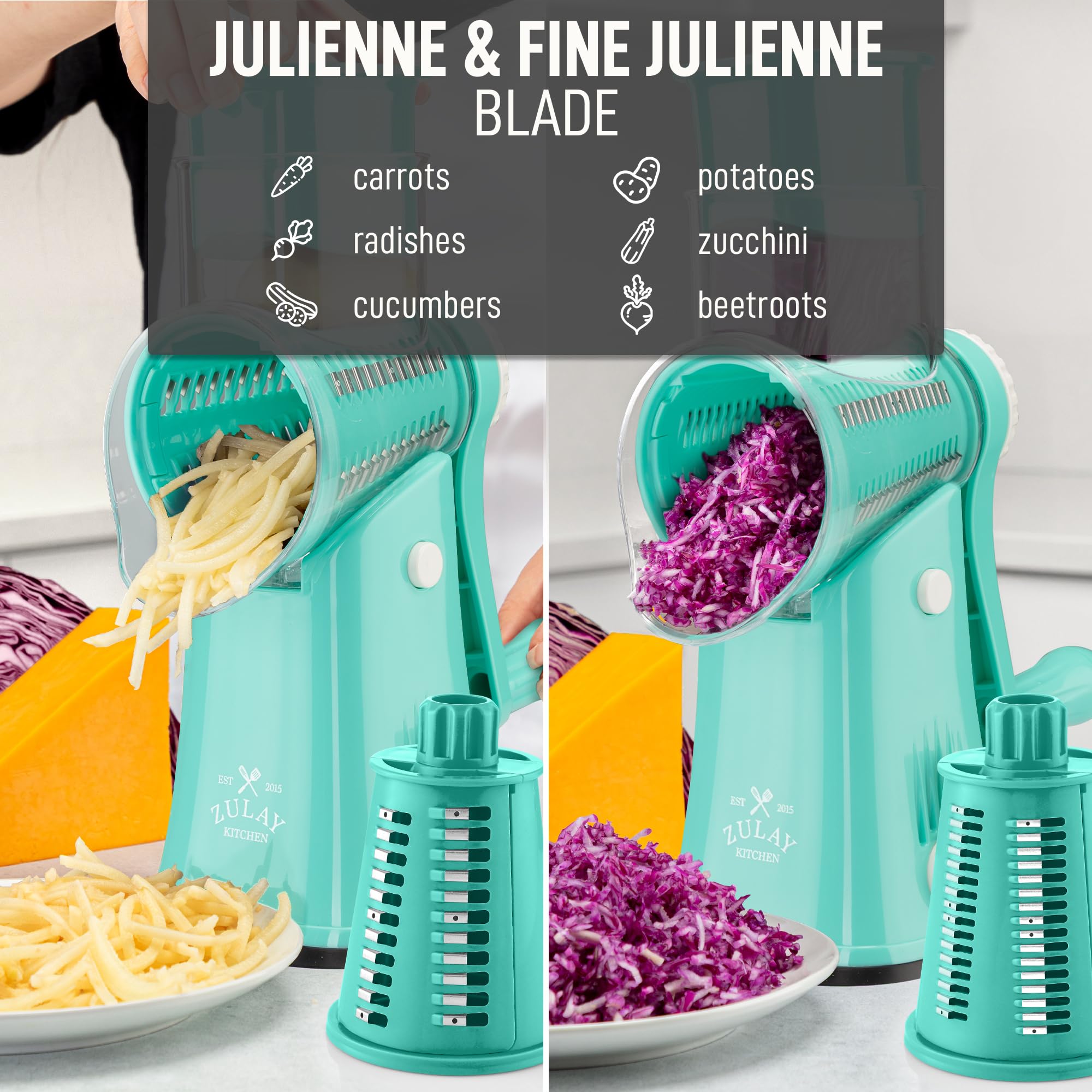 Zulay Kitchen Rotary Cheese Grater 5 Blade Cheese Shredder - Manual Hand Crank Cheese Grater With Reinforced Suction & 5 Interchangeable Drums - Easy to Use, Vegetable Chopper Round Mandoline Slicer
