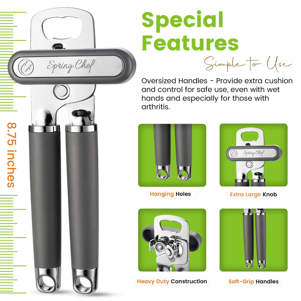 Spring Chef Stainless Steel Can Opener - Manual with Soft Grip Handles, Easy Turn, Heavy Duty Hand Can Openers for Seniors with Smooth Edge - Magnetic Lid Remover - Black