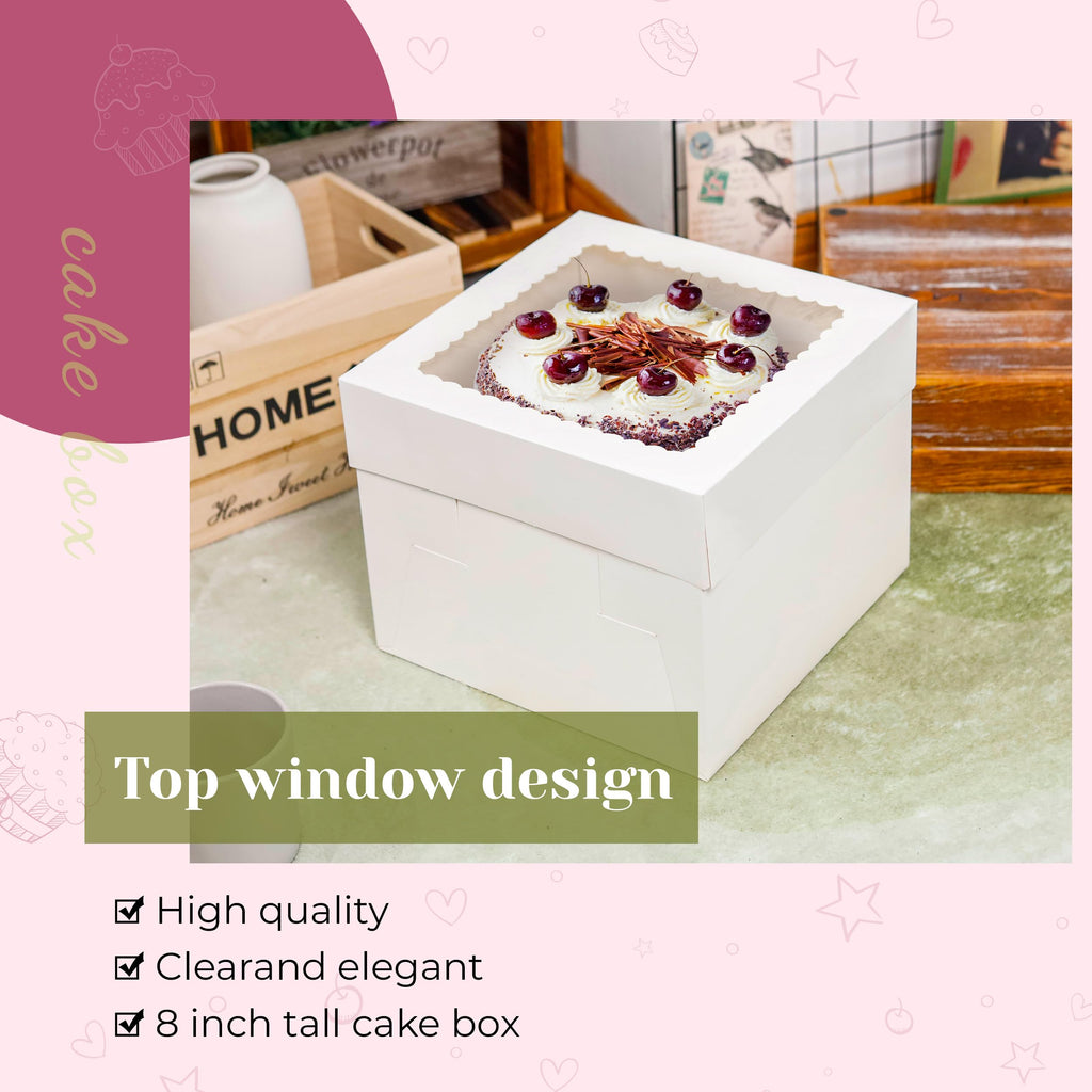 Cake Boxes 10×10×8 inch White Tall Cake Boxes with Window Cajas Para Pasteles for Cakes, Pies, Pastries, Birthday, Party (2 Pack)