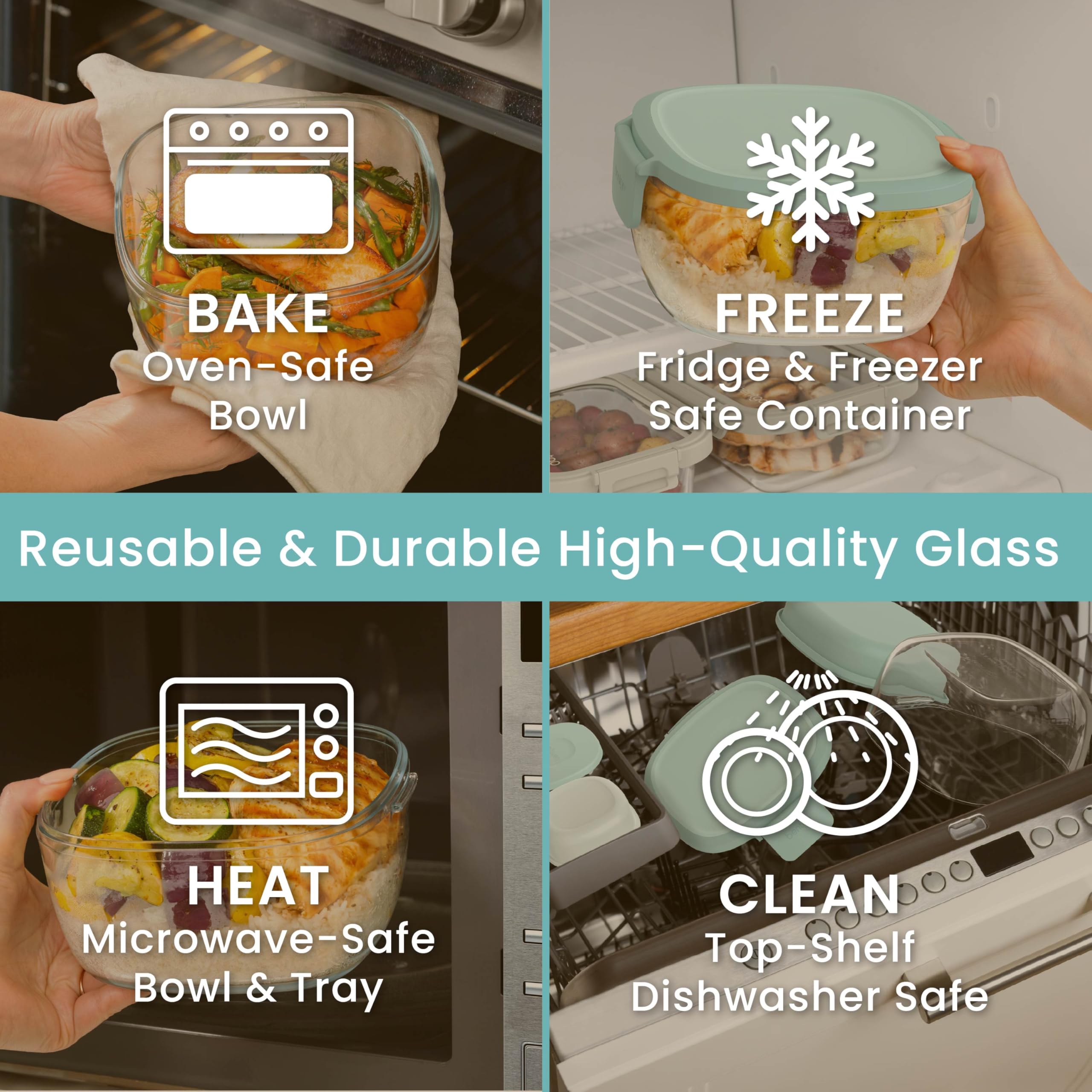 Bentgo Glass Salad Container - 7.6-Cup Salad Bowl with Airtight Lid, Leak-Proof Sauce Container, 4-Compartment Bento Tray & Reusable Fork - BPA-Free for Meal Prep, Office & More (Lavender)