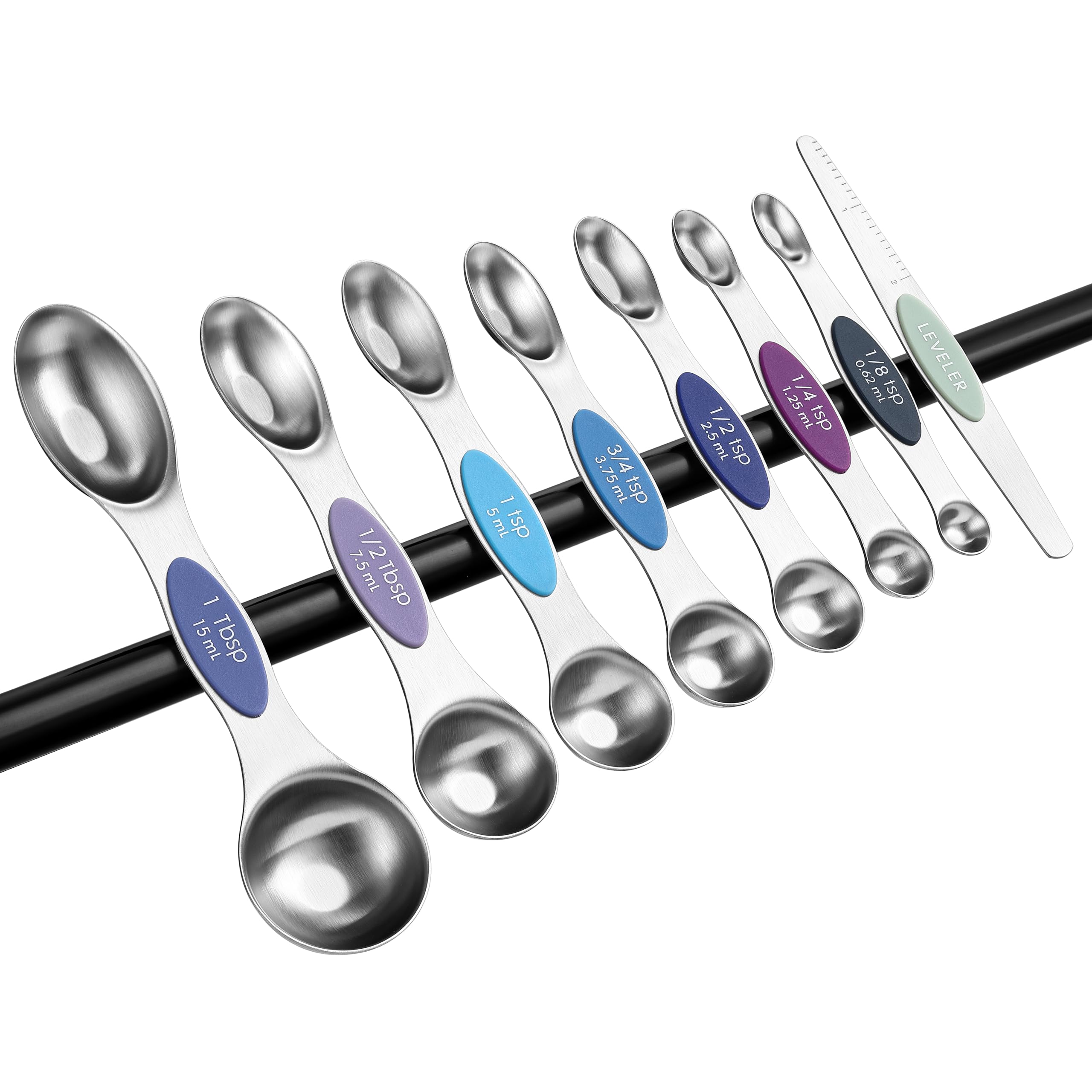 Spring Chef Stainless Steel Magnetic Measuring Spoons Set with Strong N45 Magnets, Heavy Duty Metal Kitchen Gadgets for Baking & Cooking, Fits in Most Kitchen Spice Jars, Set of 8 with Leveler, Black