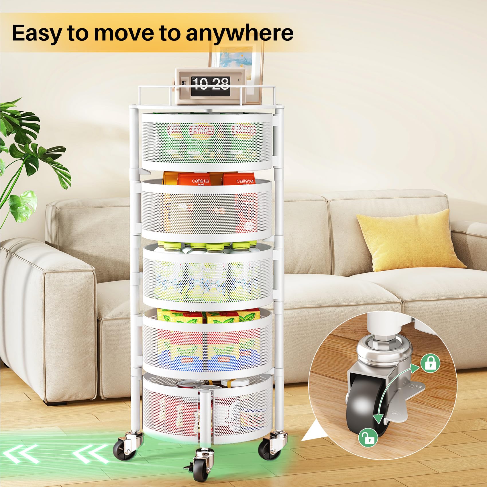 SNTD Fruit and Vegetable Basket Bowls for Kitchen with Metal Top Lid, 5 Tier Rotating Storage Rack Cart for Potato Onion Bread Banana, Wire Basket Organizer on Wheels, Large, Black