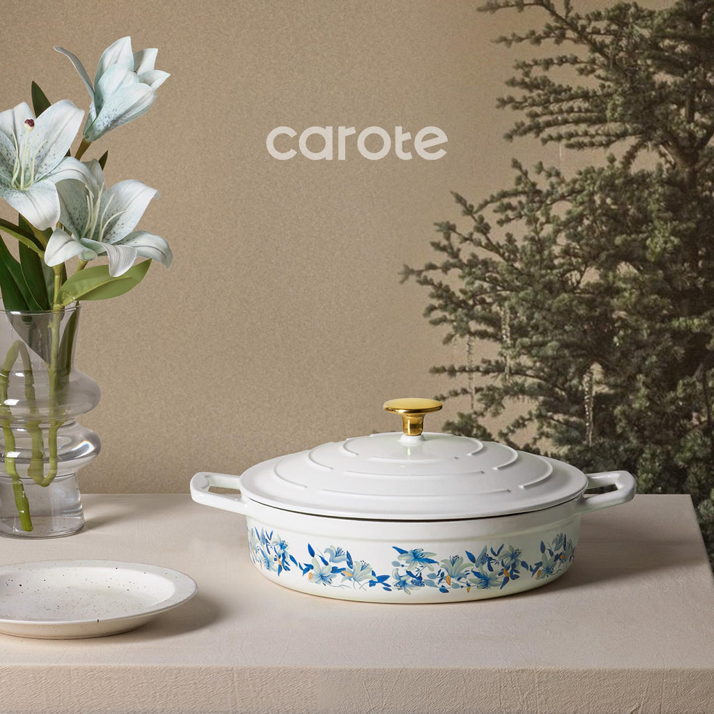 CAROTE 5 QT Cast Iron Dutch Oven Pot with Lid, Enameled Floral Dutch Ovens with Cotton Potholders & Oven Gloves, Gift Box, Cast Iron Pot for Sourdough Bread Baking, Braising, Stews, Roasting, Dual Handles, All Stovetop Compatible, Oven Safe up to 500° F,