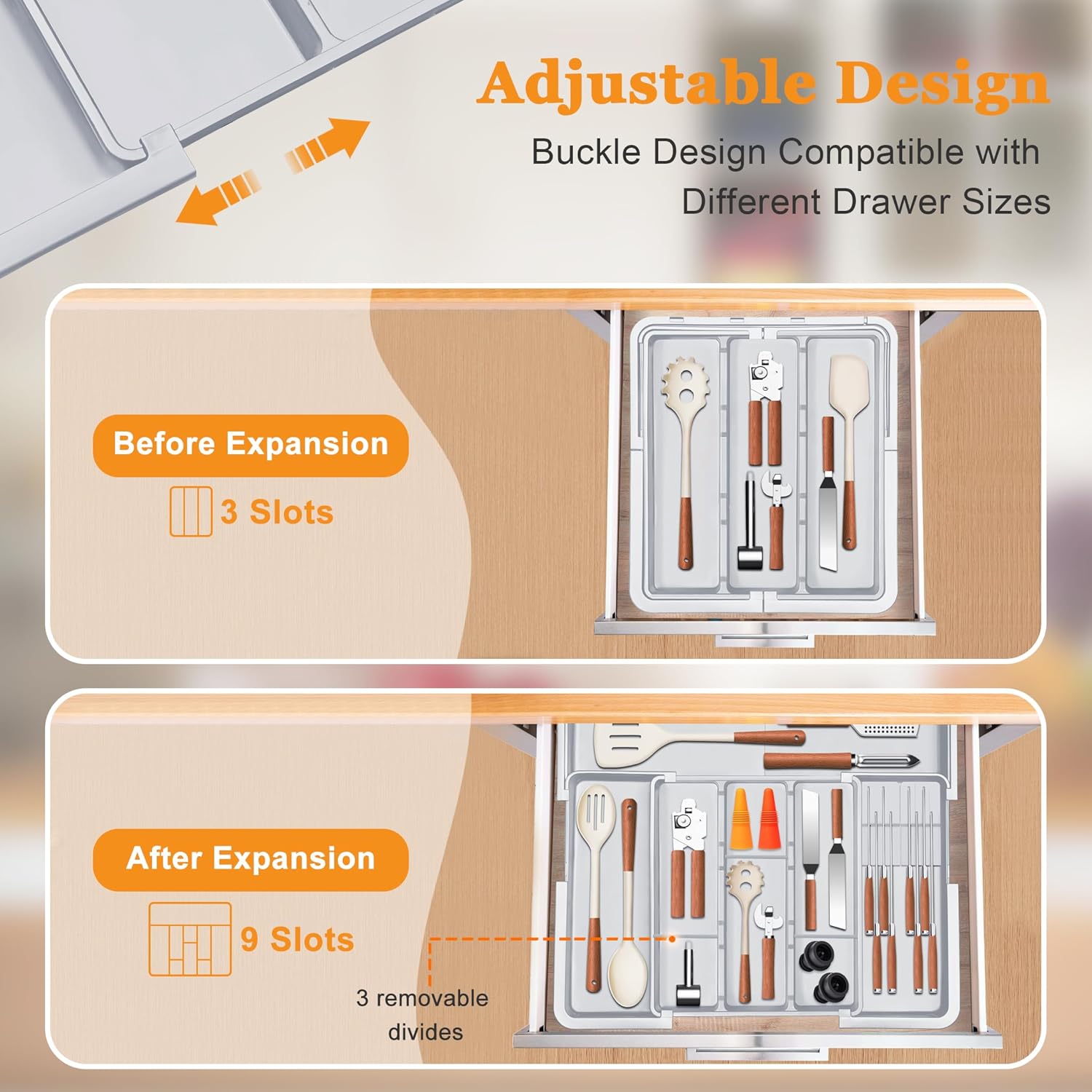 Homecor Silverware Organizer - Expandable Large Kitchen Drawer Organizer Utensil Organizer with 2 Removable Knife Blocks & 2 PACK Acrylic Straw Holder for Cabinet Door