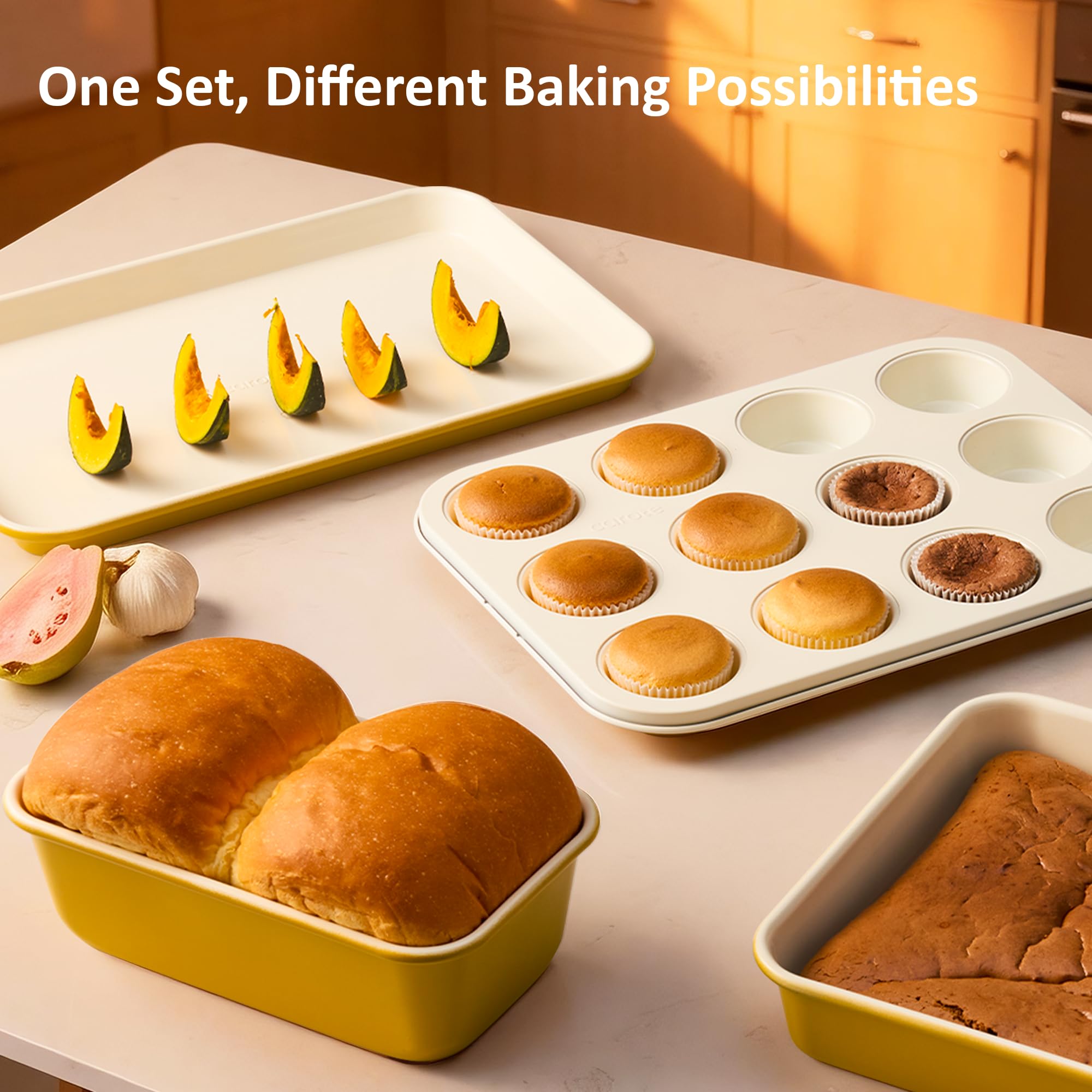 CAROTE 6-Piece Nonstick Ceramic Baking Pans Set - Bakeware Sets Including Cookie Sheets for Baking, Muffin Pan, Bread Pan, Cake pan, Loaf Pan, Cooling Rack, Light Blue & Cream White