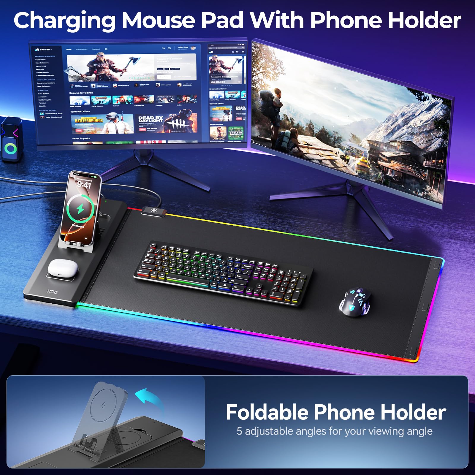 KDD RGB Mouse Pad with Wireless Charging - Desk Mat with Phone Holder and 15W Fast Charger - Gaming Mousepad with Ultra-Smooth Surface, Non-Slip Base - Keyboard Mat for Home Office Gamer Accessories