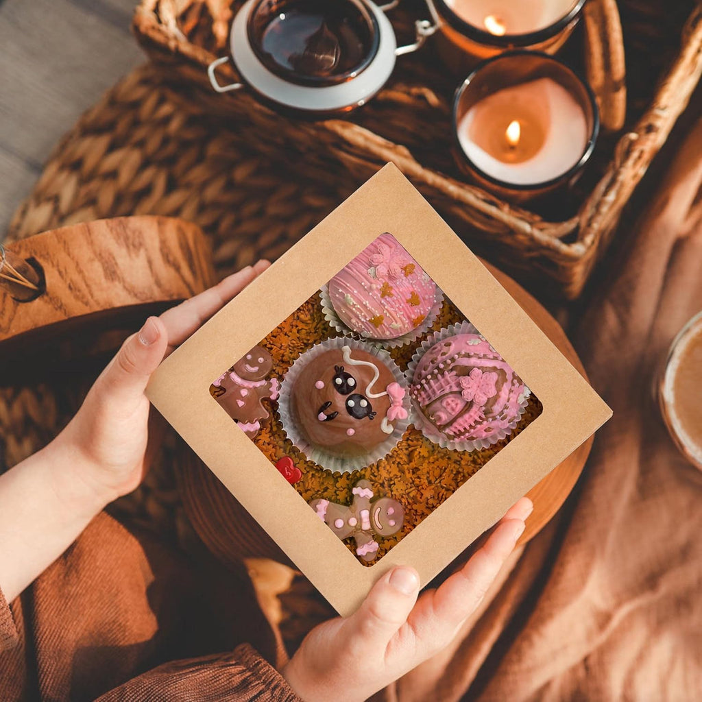 8x8x3 inch Kraft Cookie Boxes Candy Boxes with Window for Chocolate Covered Strawberry Macaron Donut Breakable Heart Baked Goods, Gift Treat Boxes Charcuterie Box(30 Pack,Brown)
