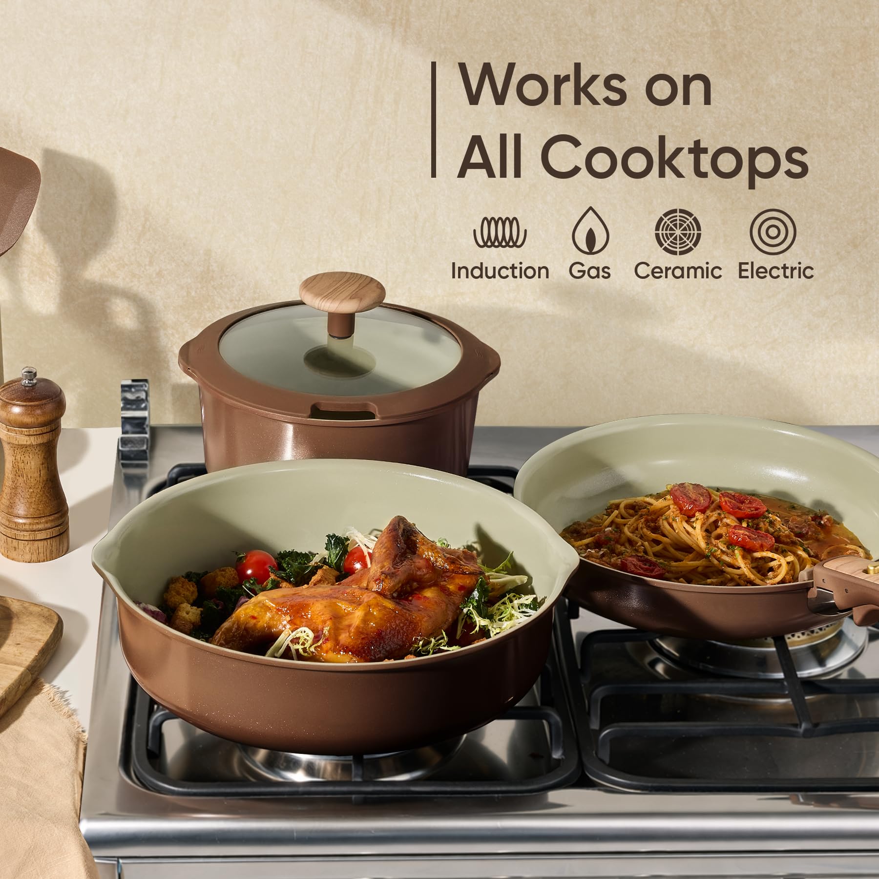CAROTE 19PCS Ceramic Nonstick Cookware Set, Pots and Pans Set with Detachable Handle, PFAS-Free Non-Toxic, Induction & Oven Safe, Stackable Space-Saving, Dark Choco