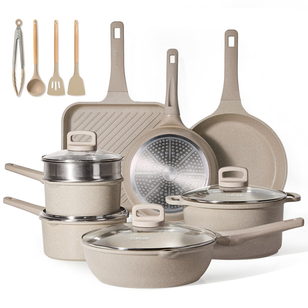CAROTE 17pcs Pots and Pans Set, Nonstick Cookware Set Detachable Handle, Induction Kitchen Cookware Sets Non Stick with Removable Handle, RV Cookware Set, Oven Safe