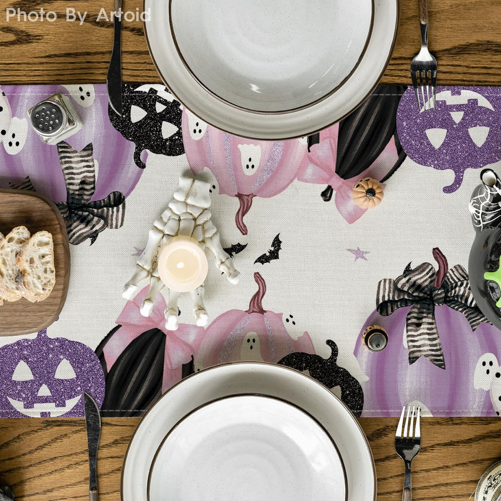 Artoid Mode Pink Jack-O-Lantern Pumpkin Bat Halloween Table Runner, Holiday Kitchen Dining Table Decoration for Indoor Outdoor Home Party Decor 13 x 72 Inch