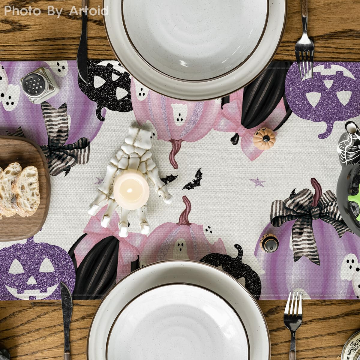 Artoid Mode Pink Jack-O-Lantern Pumpkin Bat Halloween Table Runner, Holiday Kitchen Dining Table Decoration for Indoor Outdoor Home Party Decor 13 x 72 Inch