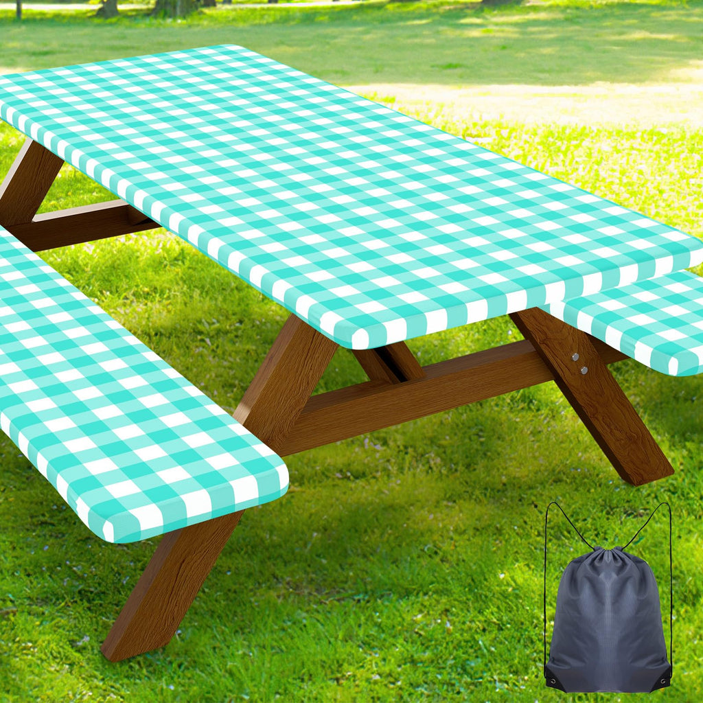 Smiry Picnic Table Cover with Bench Covers, Waterproof Elastic Fitted Tablecloths for 6 Foot Rectangle Tables, Washable Buffalo Plaid Tablecloth for Camping, Outdoor (Black & White, 30"x72")