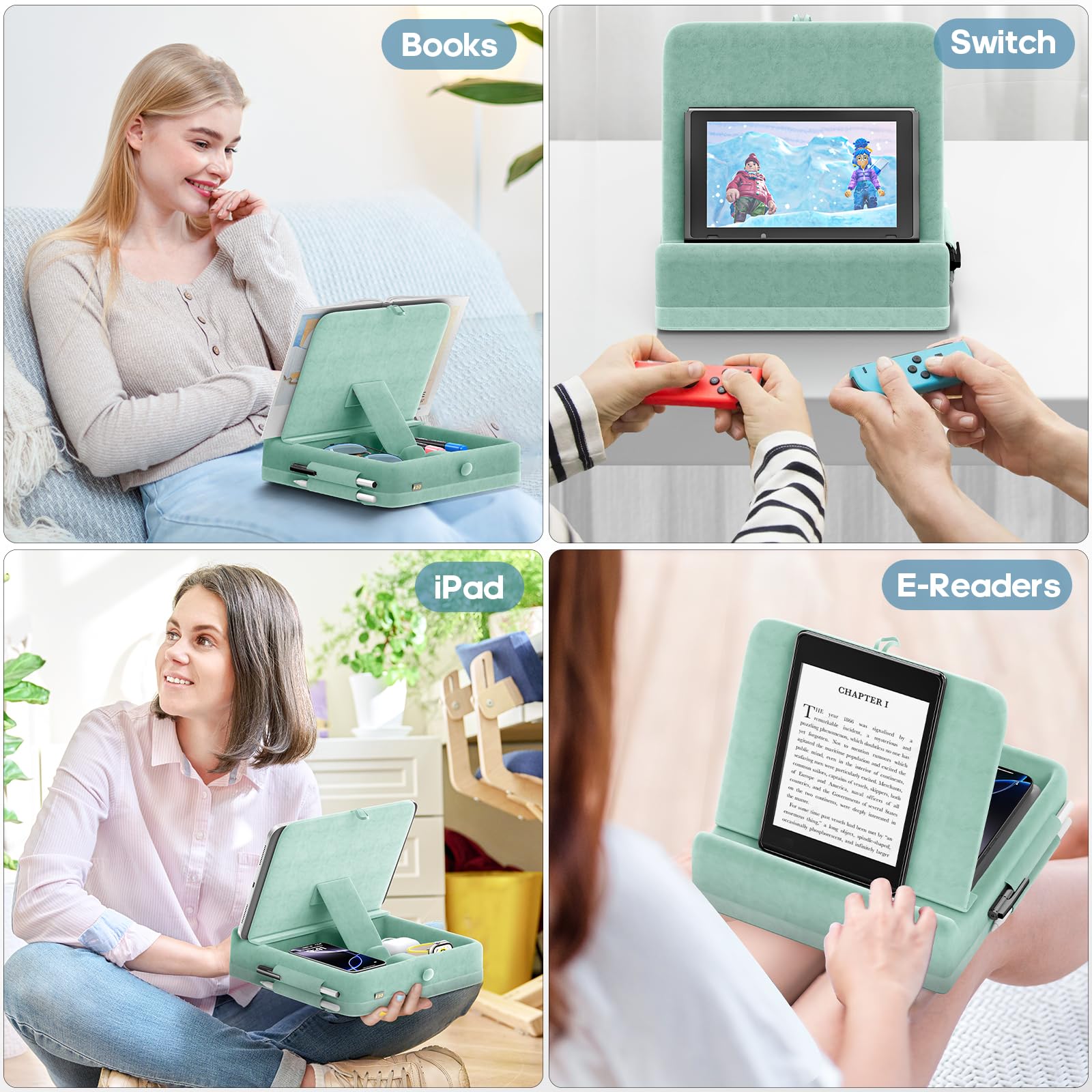 KDD Tablet Pillow Stand with Storage, Foldable iPad Holder for Bed, Lap and Desk, Angle Adjustable Soft Pad Dock with Stylus Mount Compatible with Ipad Pro 12.9, 10.5, 11, Air, Mini, Phones, Books