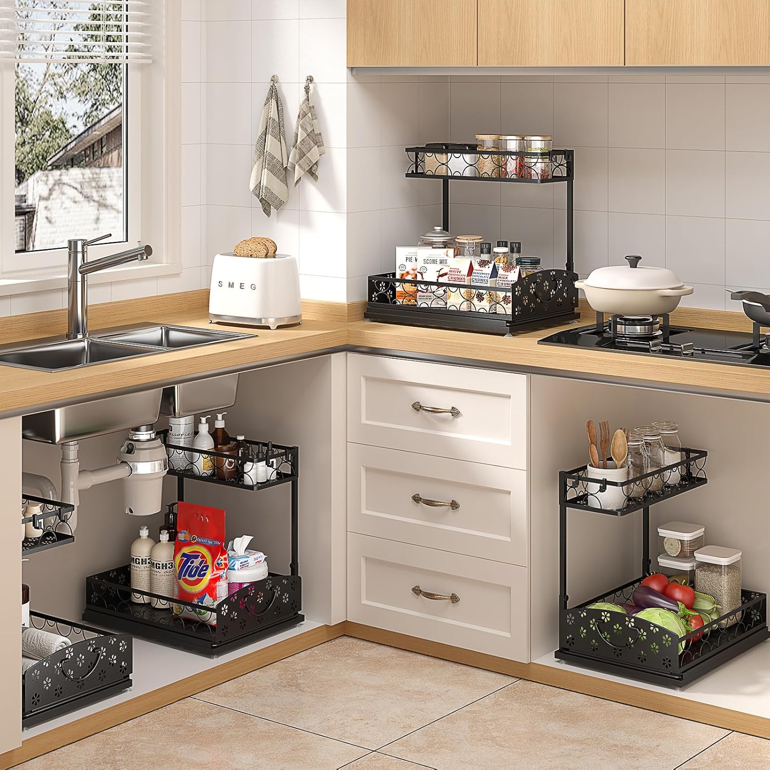2 Packs Under Sink Organizer, High Adjustable 2 Tier Under Kitchen sink organizer, Multi-Purpose Storage Shelf for Kitchen Bathroom Cabinet, Black (Black02)