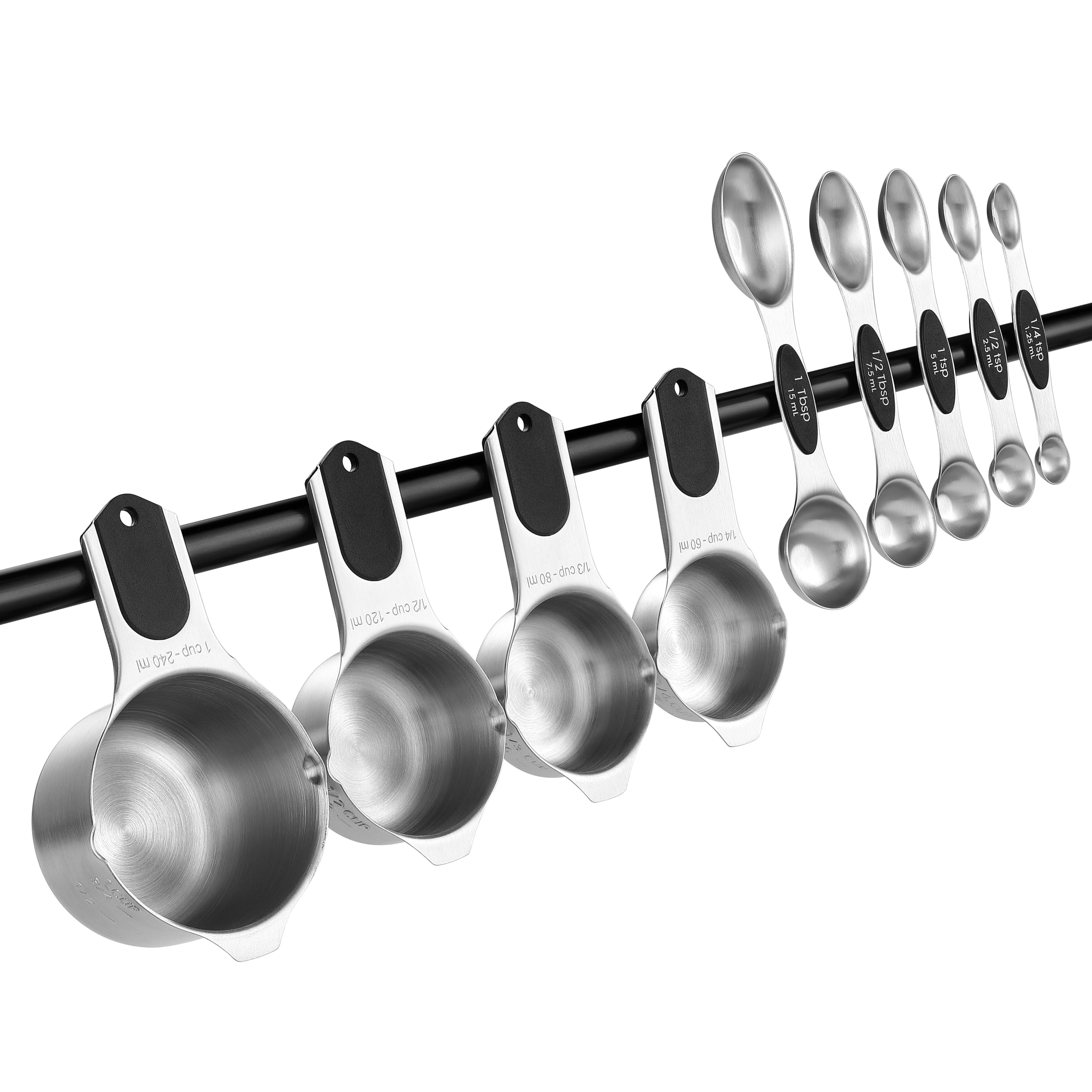 Spring Chef Magnetic Measuring Cups & Spoons Set, Patented, Strong N45 Magnets, Heavy Duty Stainless Steel Fits in Spice Jars for Baking & Cooking, BPA Free, Round Set of 15 with Leveler, Black