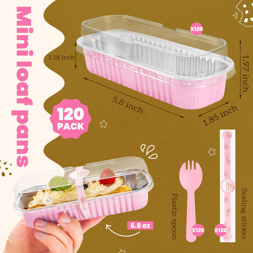 Mini Loaf Pans with Lids and Spoons Rectangular Aluminum Foil Baking Pans Mini Cheesecake Containers 6.8oz(60 Pack, Pink)