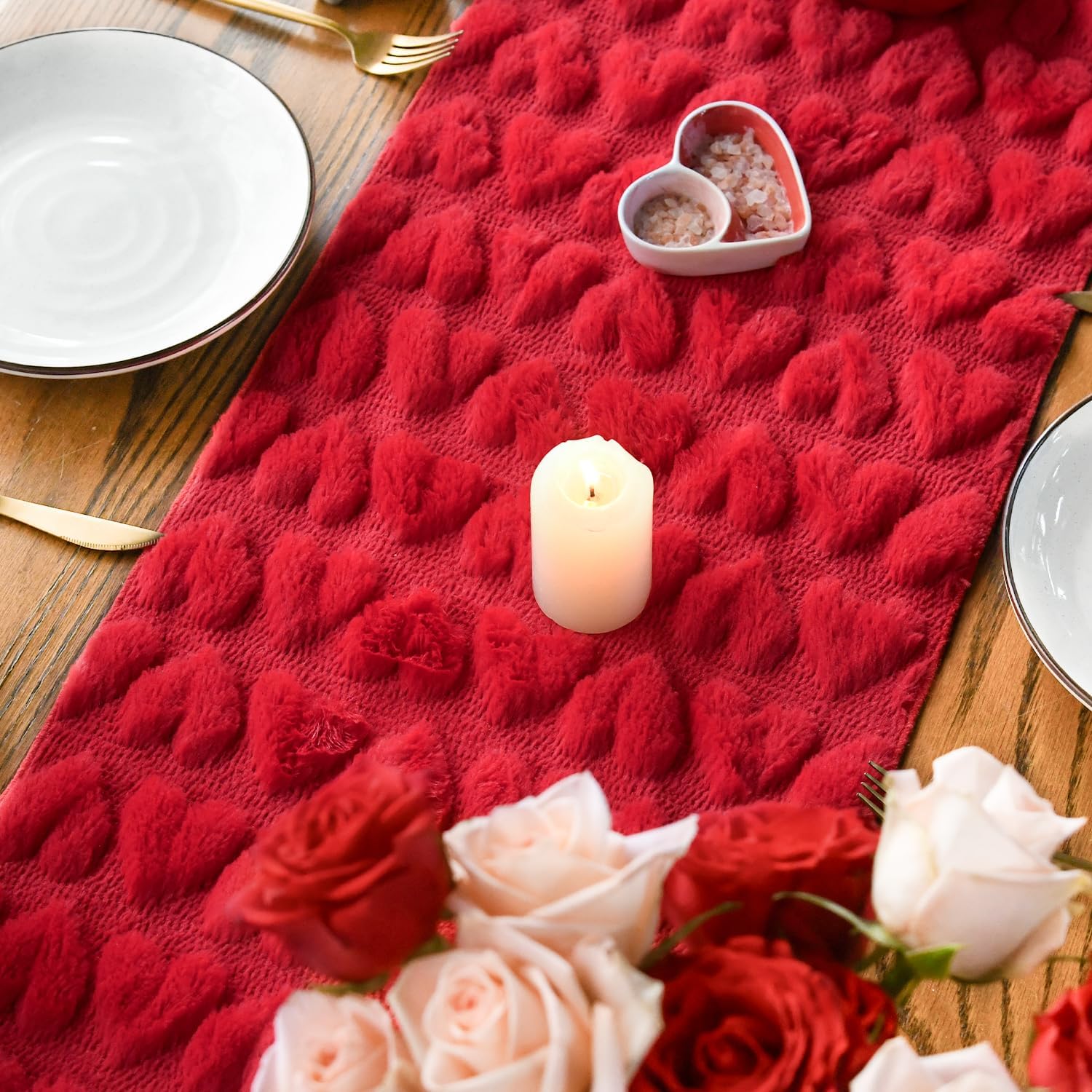 Artoid Mode Red Soft Plush Faux Fur Jacquard Heart Valentine's Day Table Runner, Seasonal Kitchen Dining Table Decoration for Home Party Decor 13x72 Inch