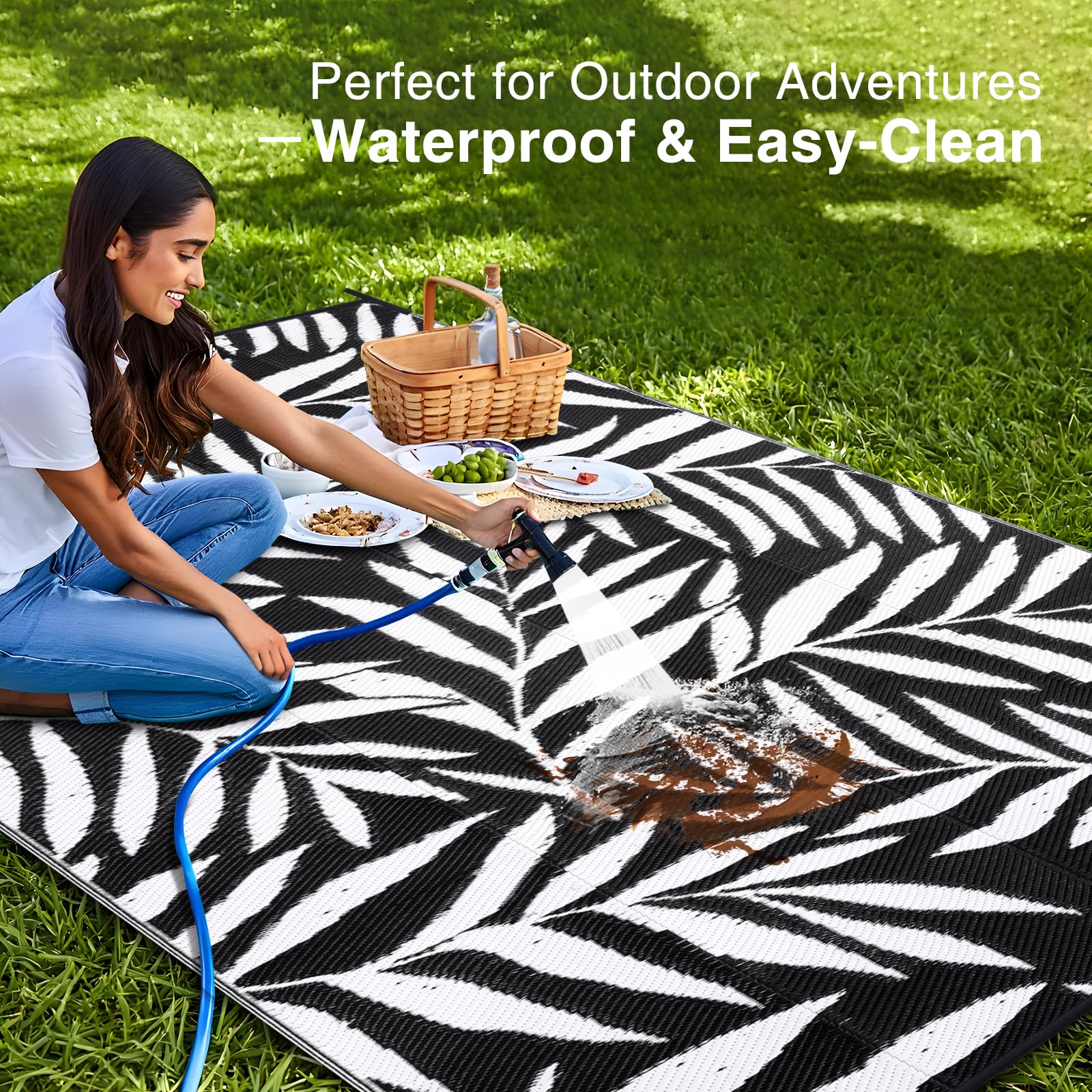 OLANLY Waterproof Outdoor Rug 5x8 ft, Reversible Outdoor Plastic Straw Rug with Leaf Pattern, RV Mat, Indoor Outdoor Carpet for Patio, Camping, Balcony, Deck, Backyard, Grey & White