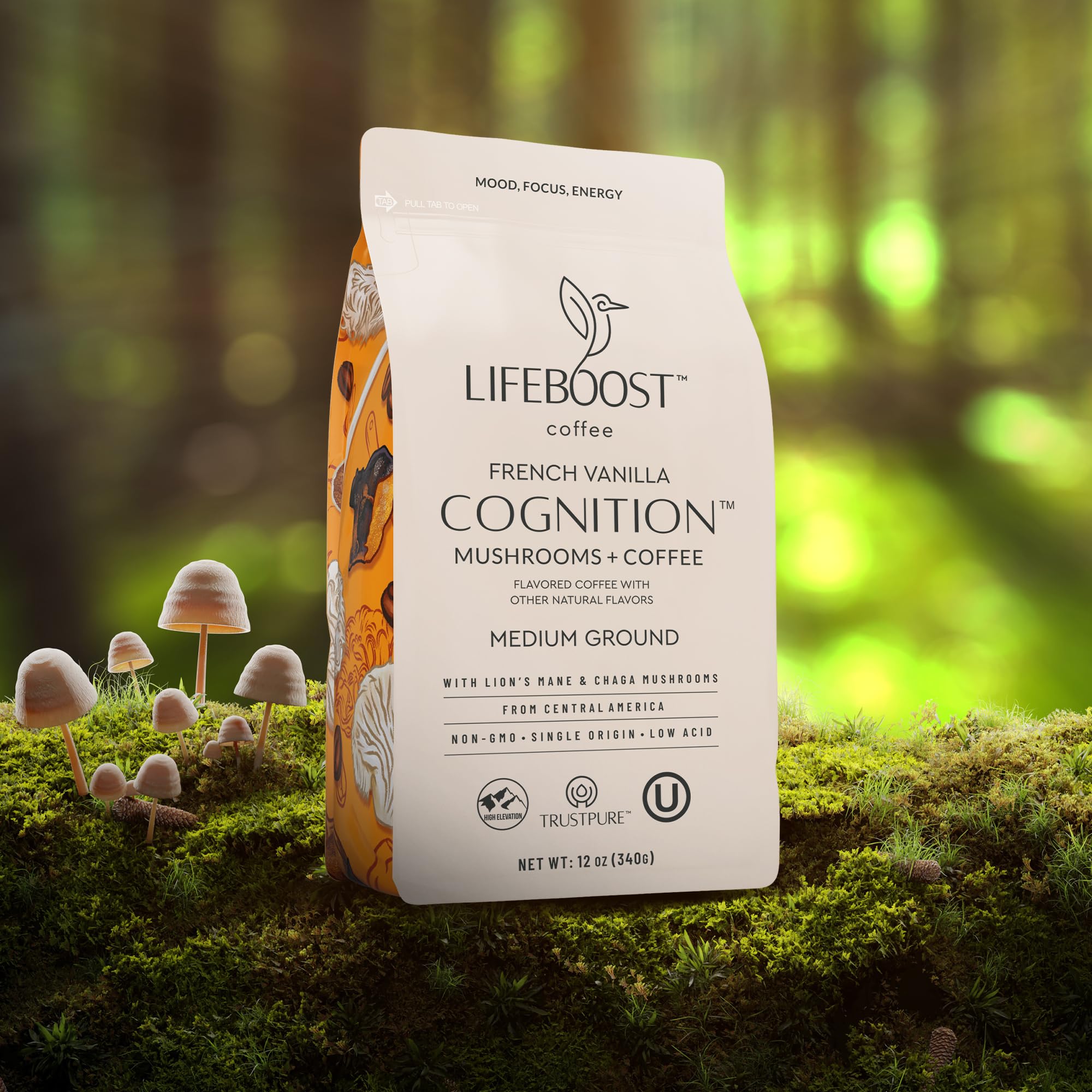 Lifeboost Cognition Adaptogenic Mushroom Coffee - Great Tasting Organic Lions Mane & Chaga Medium Roast Nootropic Coffee - Increase Energy, Boost Focus & Immune Support - 12 oz Bag - Ground