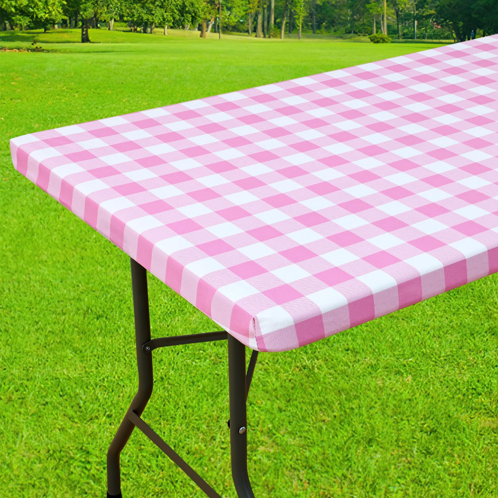 Smiry Rectangle Picnic Table Cloth, Elastic Waterproof Fitted Vinyl Tablecloths, Flannel Backed Buffalo Plaid Table Covers for Dining, Camping, Outdoor (Black and White, 30" x 72")
