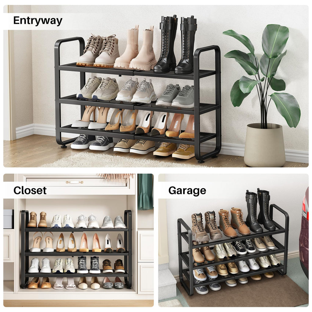 SNTD Shoe Rack - Expandable Shoe Organizer for Closet, Adjustable Metal Shoe Shelf Storage, Stackable Long Shoe Stand Holder for Garage, Entryway, Door Entrance (Black, 2-Tier)