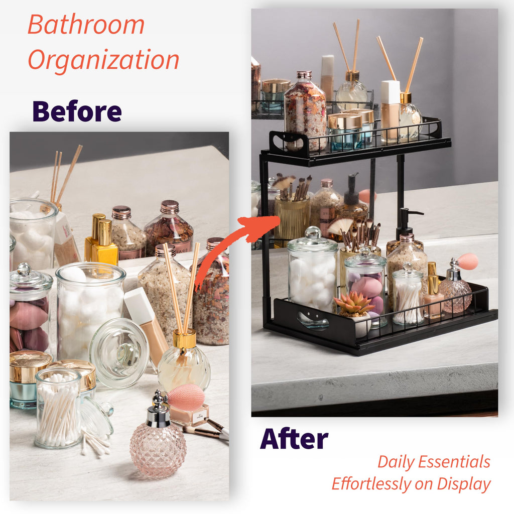 ClearSpace Under Sink Organizer, Pull Out Cabinet Organizer, 2 Pack - 2 Tier Slide Out Organizers and Storage Shelf - Metal Sliding Drawer for Kitchen Bathroom Pantry Cabinet Organization Rack, Black