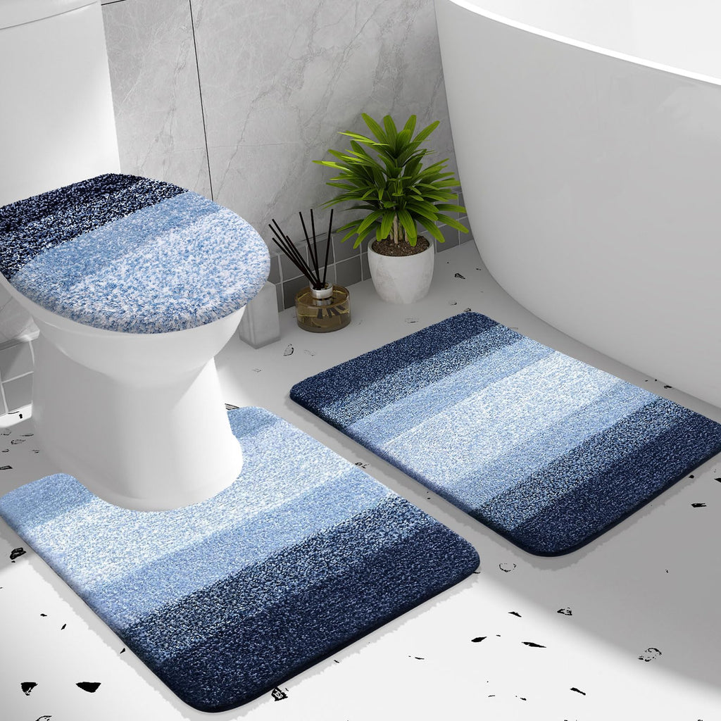 OLANLY Bathroom Rugs Sets 3 Piece, Soft Microfiber Absorbent Bath Mat, U-Shaped Contour Toilet Mat and Toilet Lid Cover, Quick Dry, Machine Washable, Toilet Cover and Rug Set for Bathroom, Grey