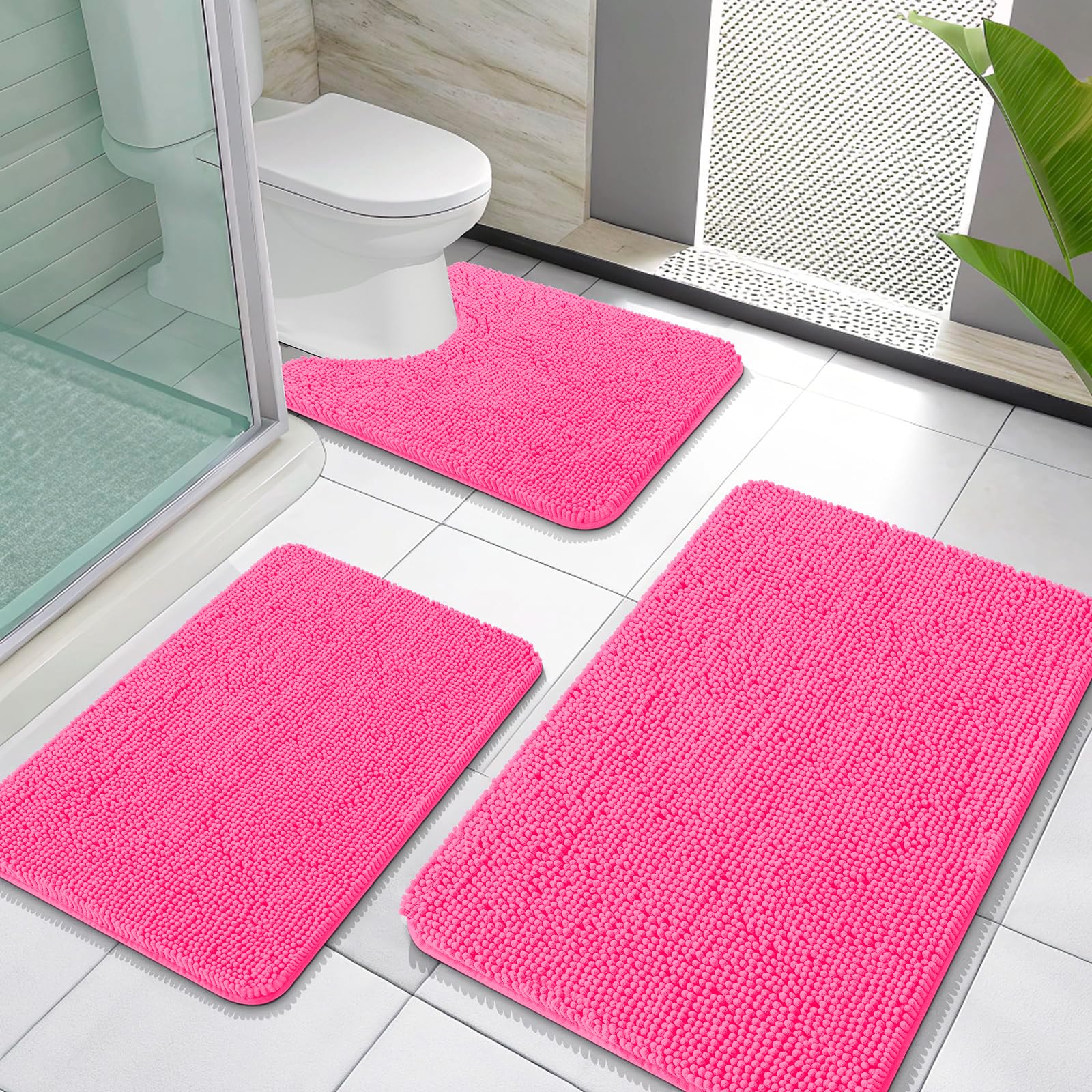 OLANLY Bathroom Rugs Sets 3 Piece, Soft Absorbent Chenille Bath Mats and U-Shaped Contour Toilet Rug, Quick Dry, Home Decor Accessories, Bath Mat Set for Bathroom (30"x20"+24"x16"+24"x20", Grey)