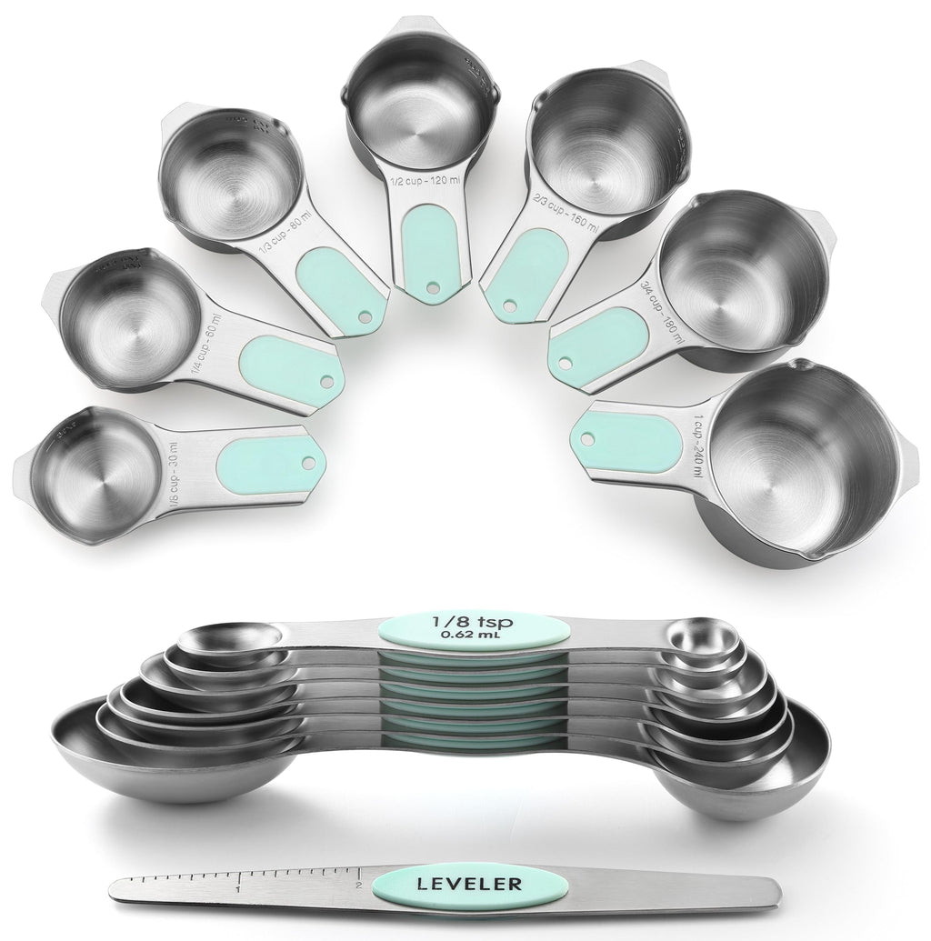 Spring Chef Magnetic Measuring Cups & Spoons Set, Patented, Strong N45 Magnets, Heavy Duty Stainless Steel Fits in Spice Jars for Baking & Cooking, BPA Free, Round Set of 15 with Leveler, Black