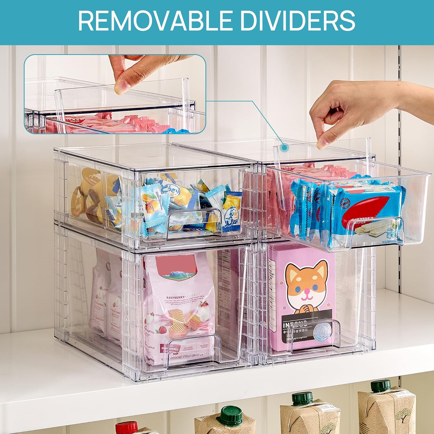 Vtopmart 4 Pack Clear Stackable Storage Drawers,Under Sink and Kitchen Organizers Storage,Easy to Assemble Plastic Drawers for Baby Bottle,Medicine, Bathroom,Cabinet and Pantry Organization