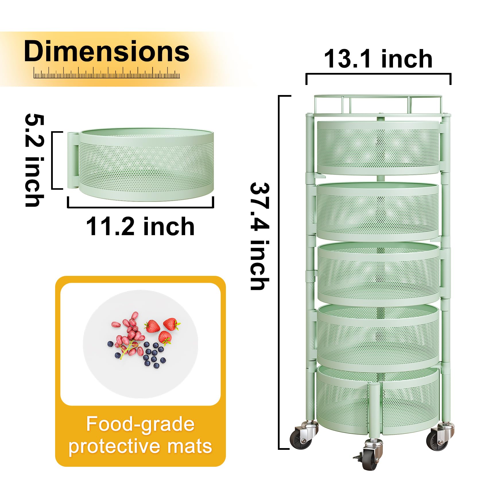 SNTD Fruit and Vegetable Basket Bowls for Kitchen with Metal Top Lid, 5 Tier Rotating Storage Rack Cart for Potato Onion Bread Banana, Wire Basket Organizer on Wheels, Large, Black