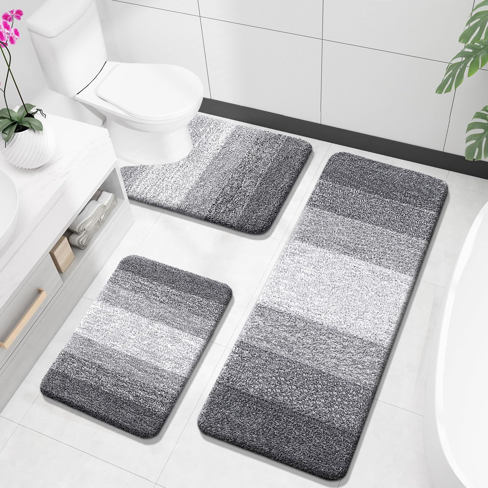 OLANLY Bathroom Rugs Sets 3 Piece, Soft Absorbent Microfiber Bath Mats and U-Shaped Contour Toilet Rug, Machine Wash Dry, Plush Shaggy Bath Mat Set for Bathroom (30"x20"+24"x16"+24"x20", Grey)